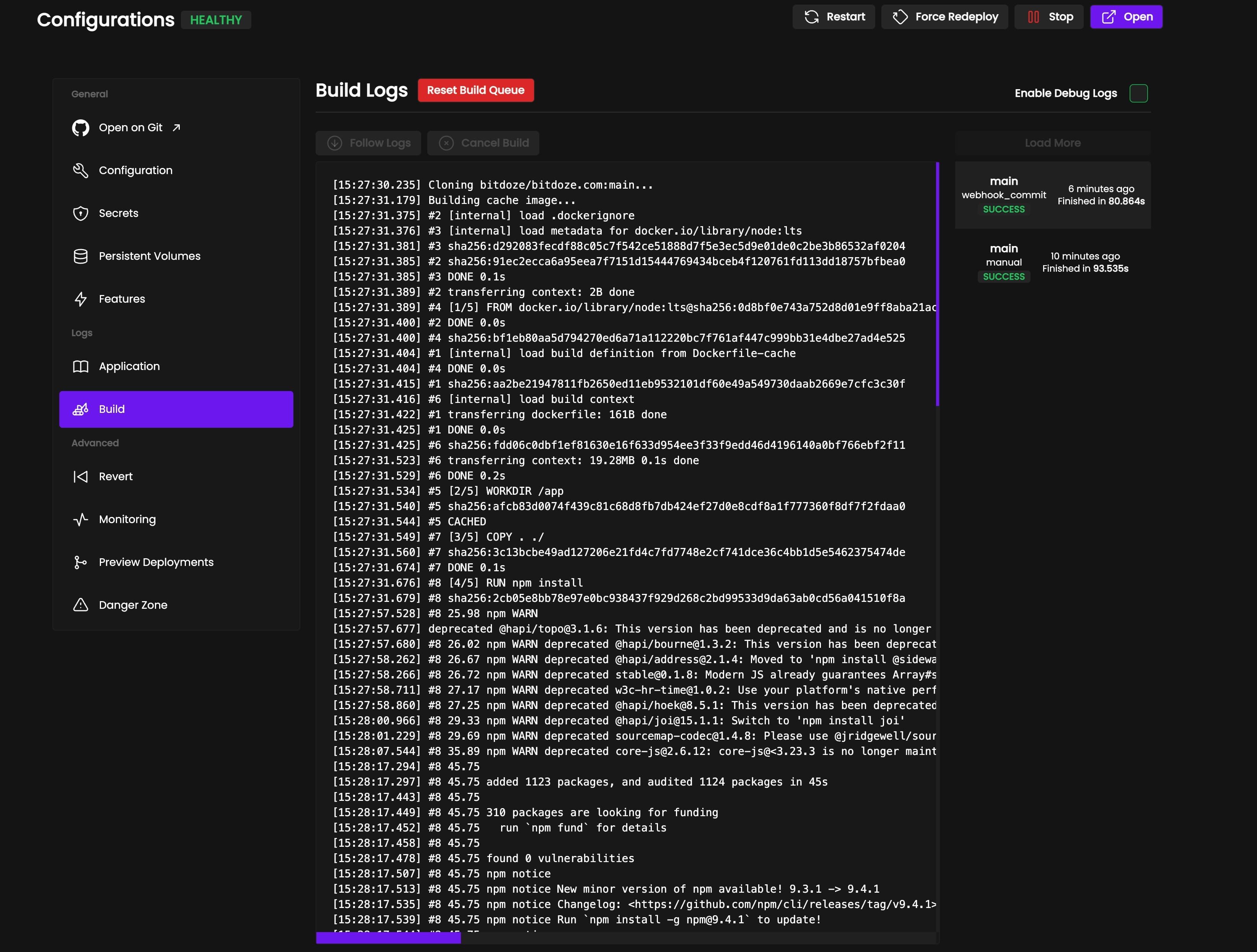 Coolify deployment build logs