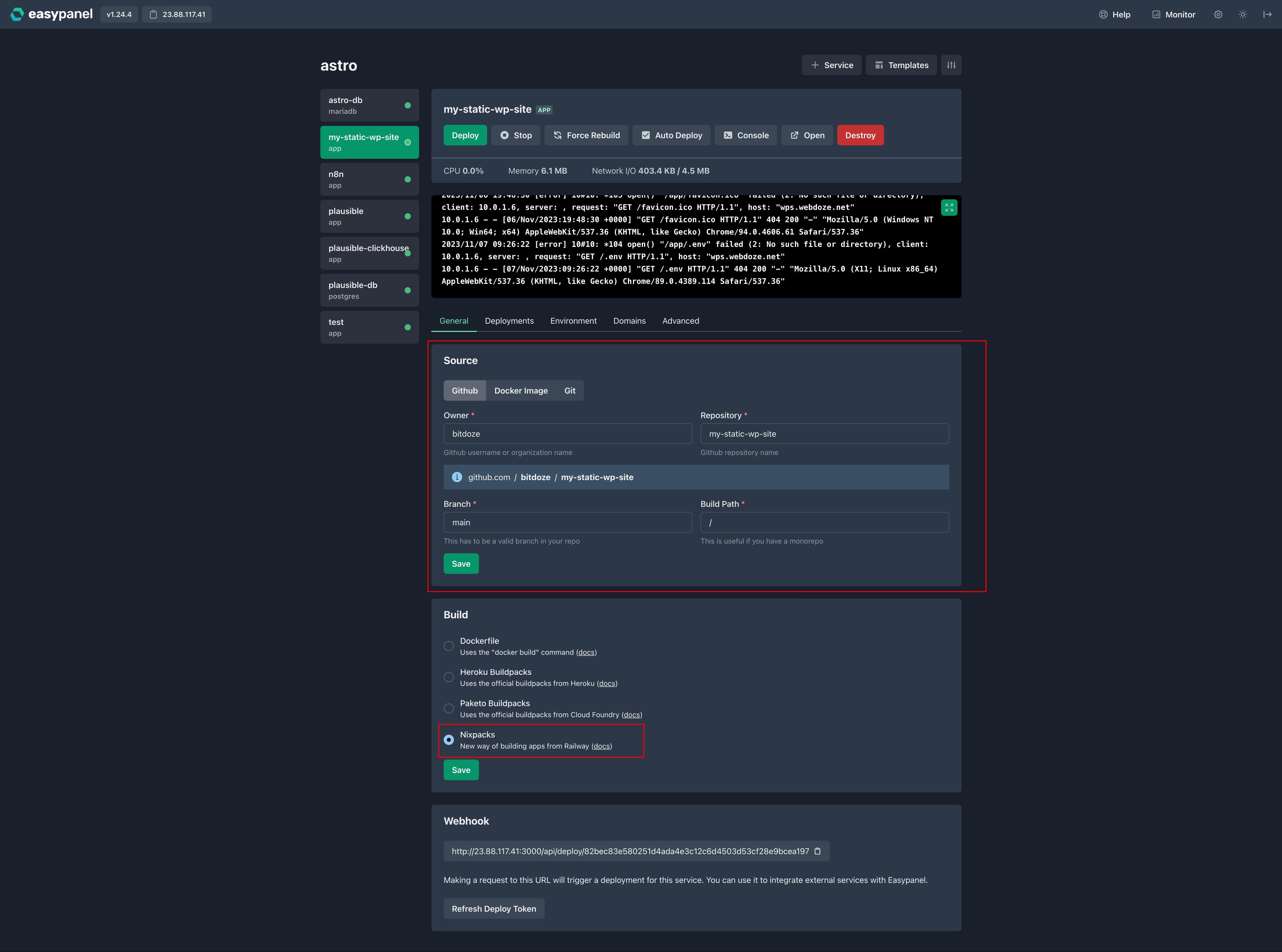 Easypanel app deployment
