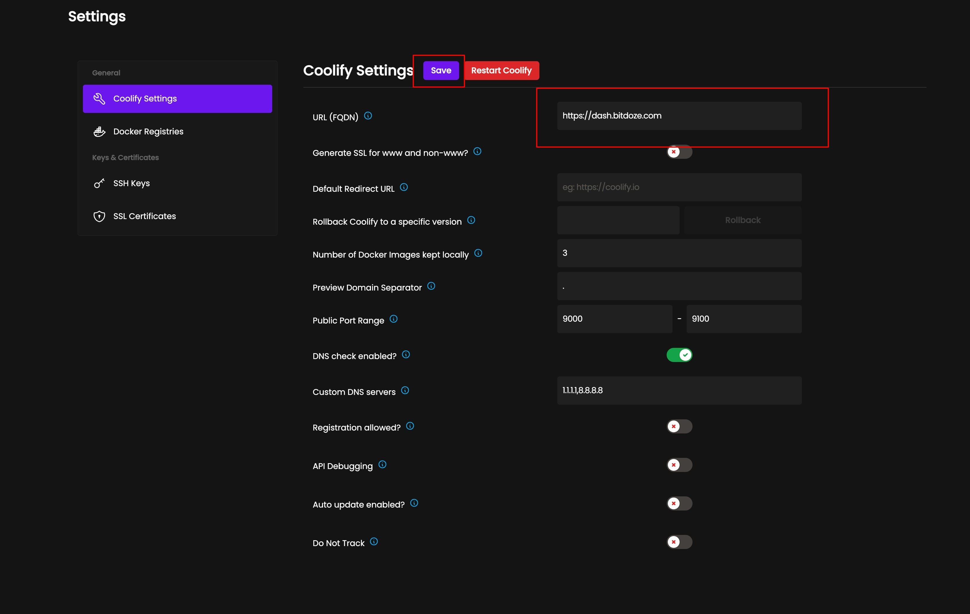 Coolify admin URL settings
