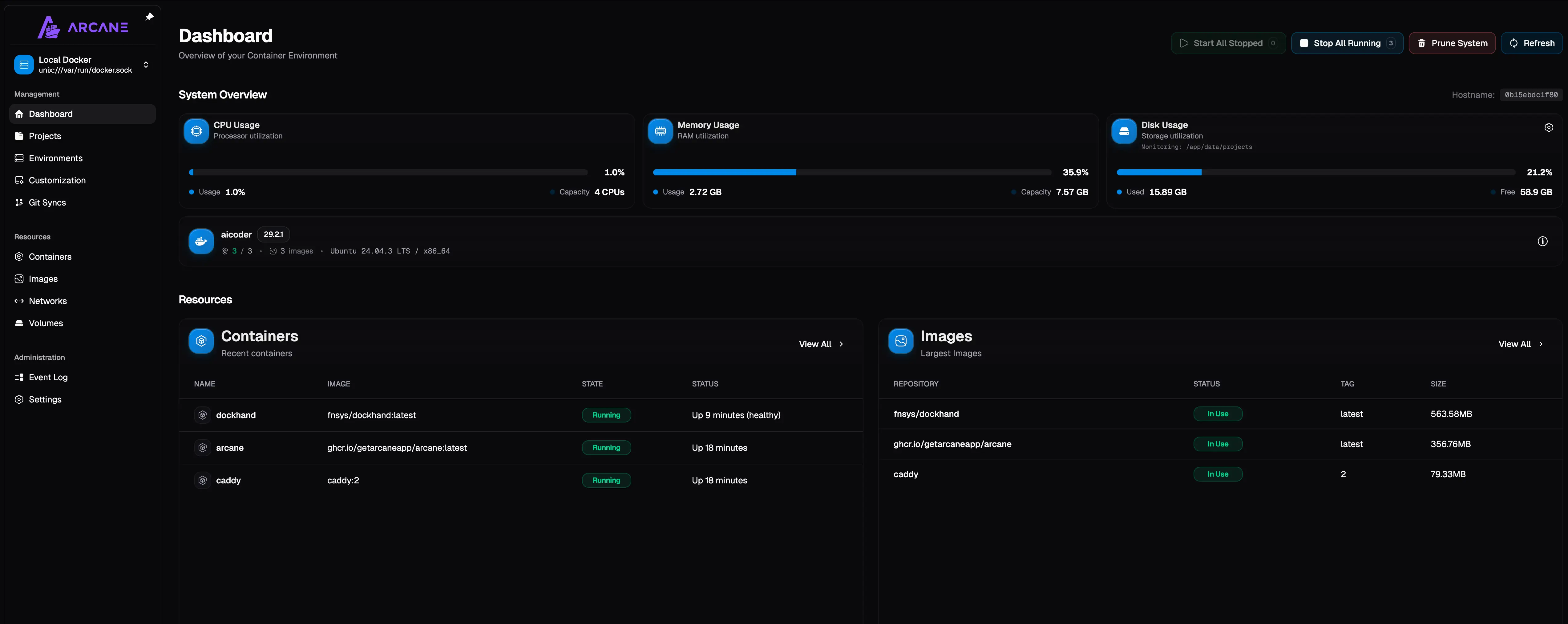 UI de Arcane Docker Manager mostrando lista de contenedores y editor compose