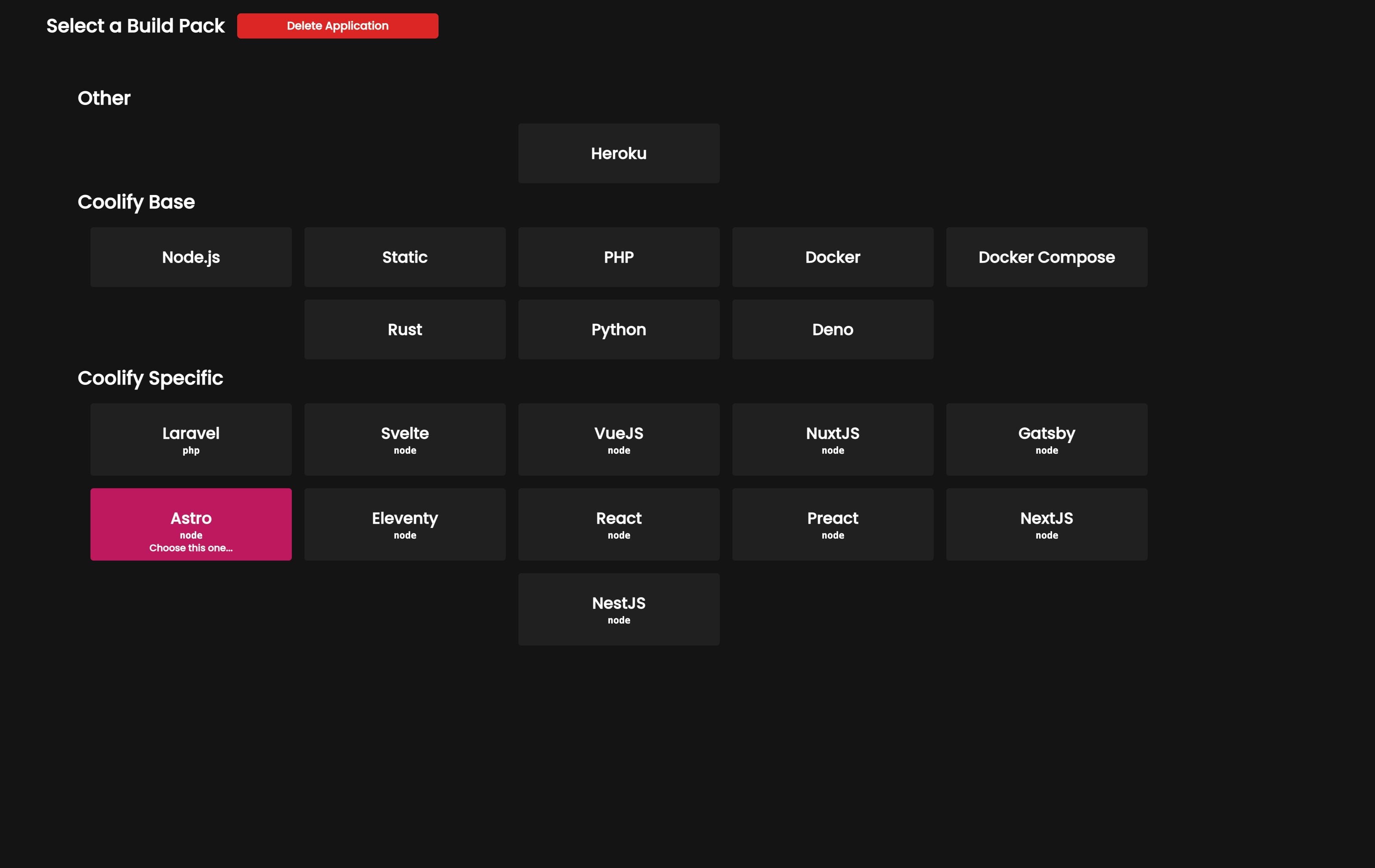 Coolify detecting Astro framework