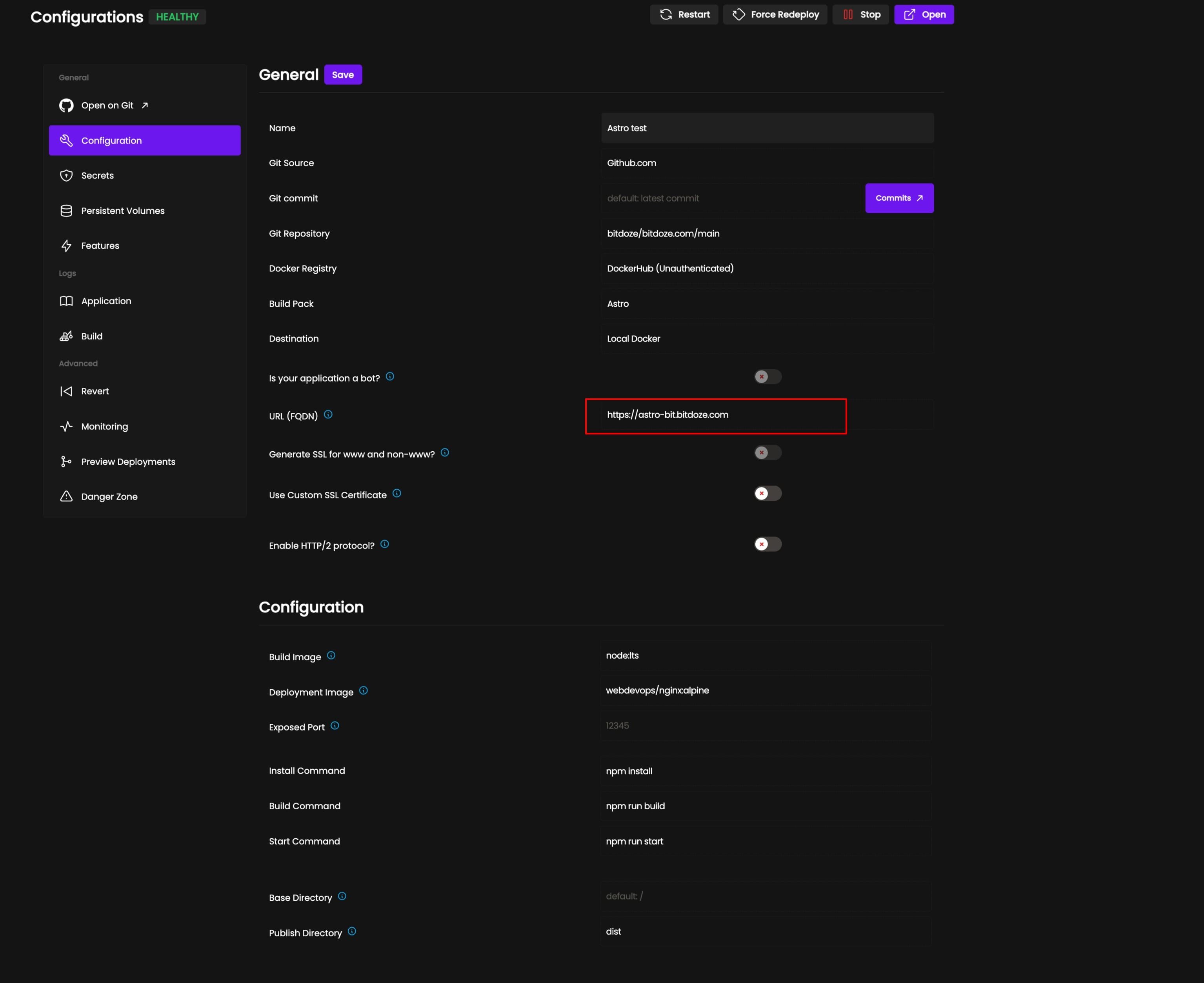 Setting domain for Astro app in Coolify