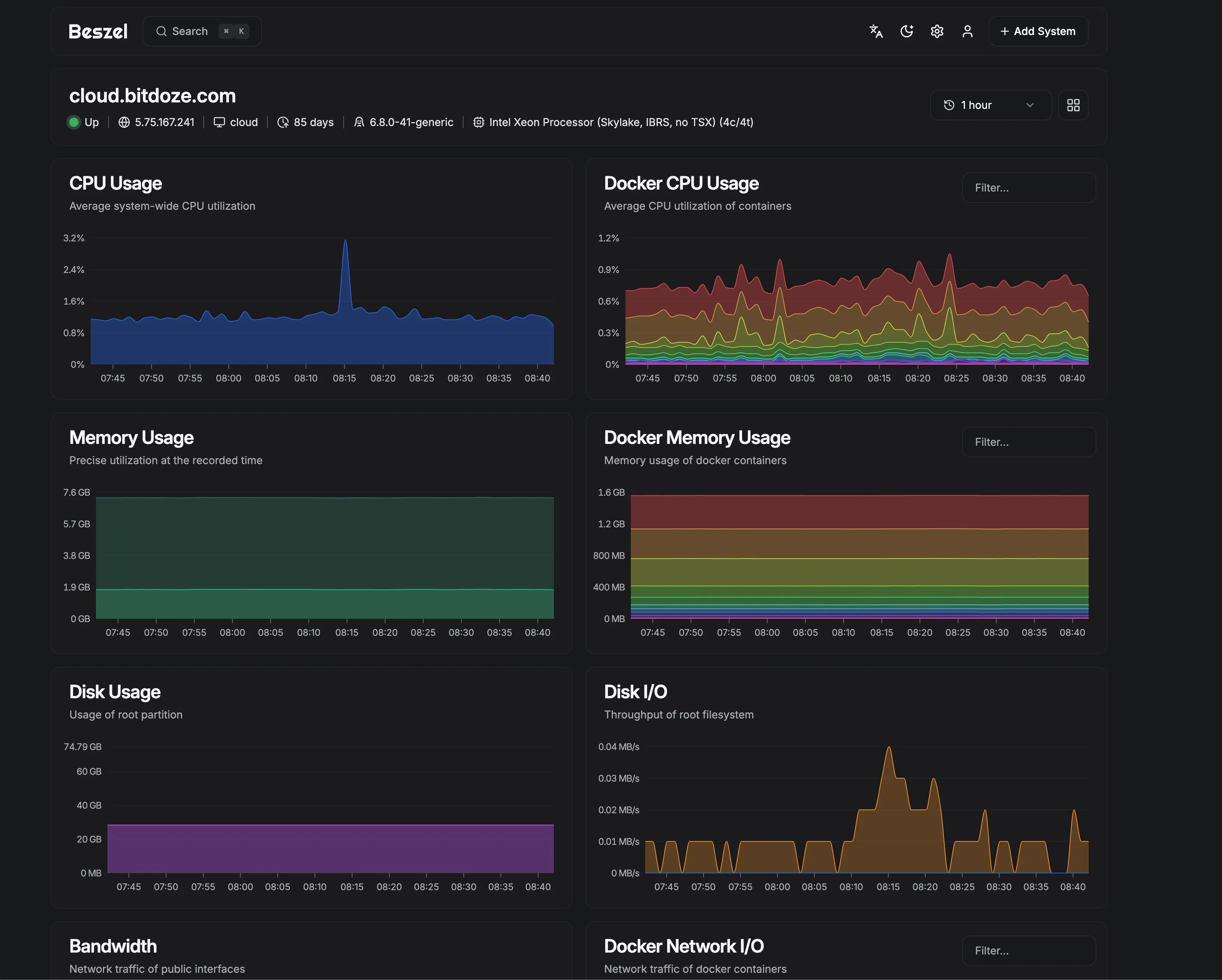 Beszel system detail view with per-core CPU graphs, memory utilization, and Docker container stats