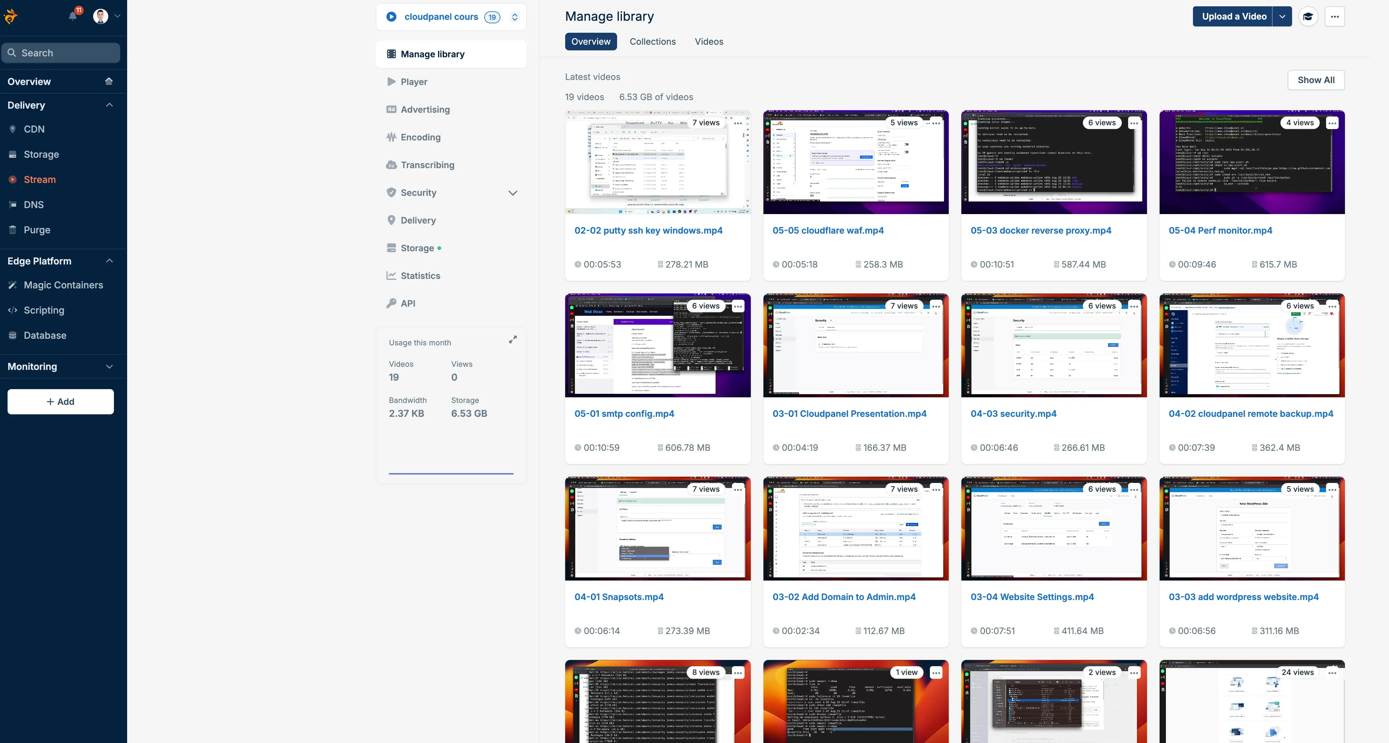 Interfaz de la biblioteca de vídeos de Bunny Stream