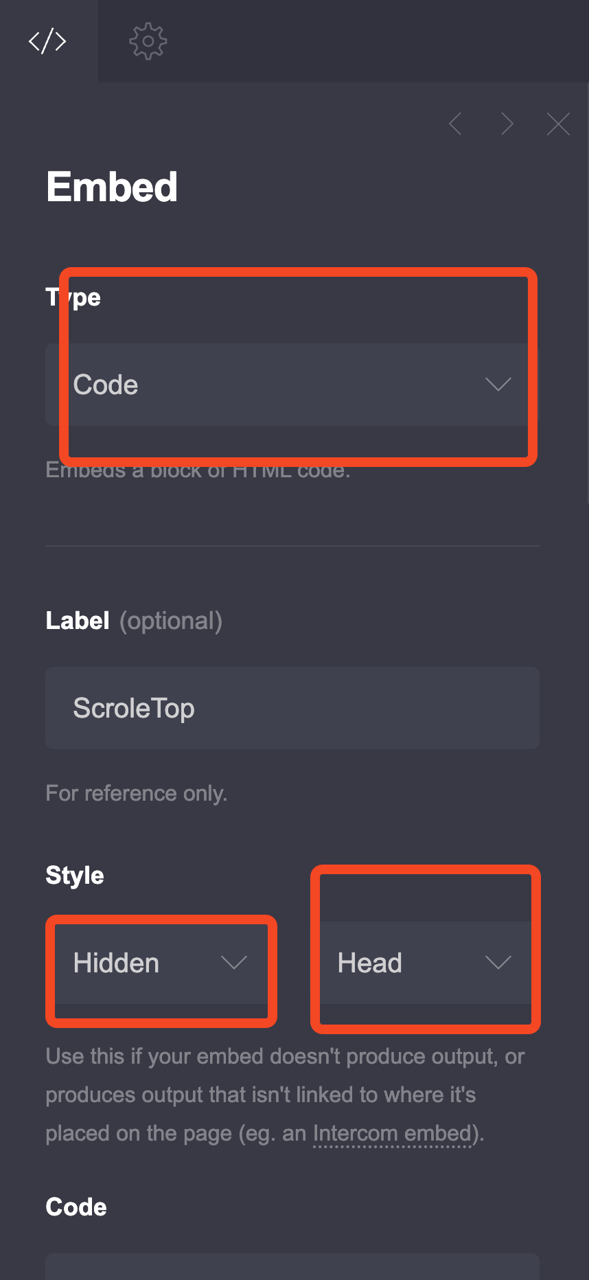 Carrd embed element settings showing Type: Code and Style: Hidden, Head
