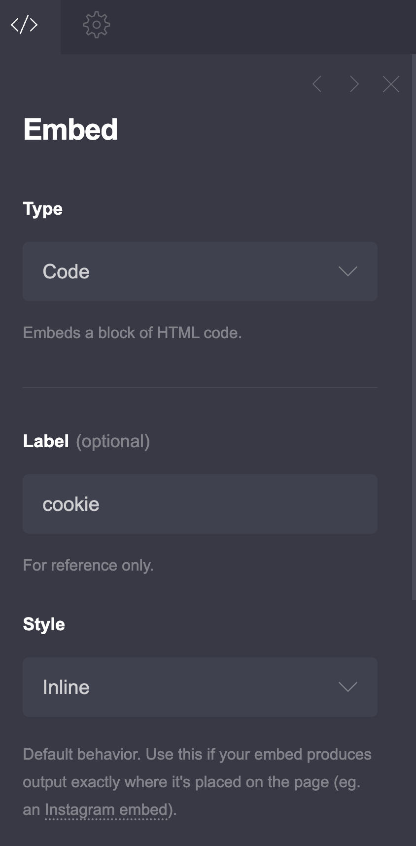Carrd Embed element setup with Type set to Code