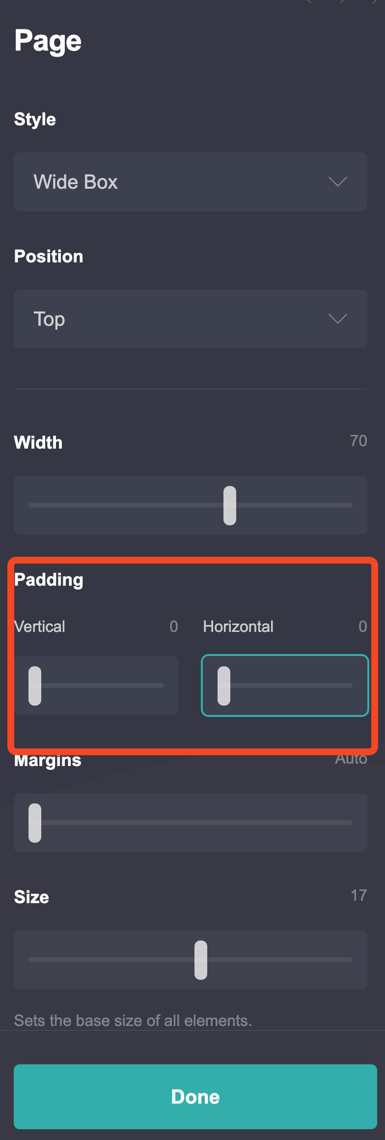 Carrd page settings showing padding options