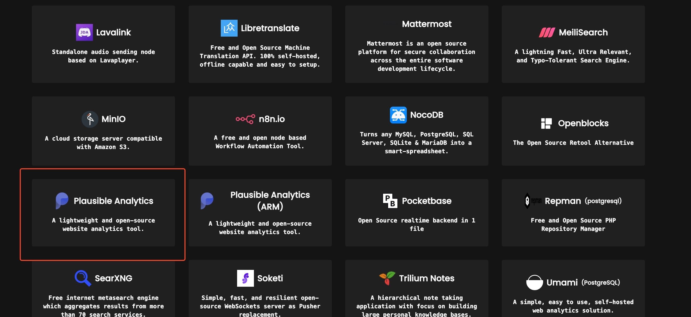 Select Plausible Analytics from Coolify service catalog