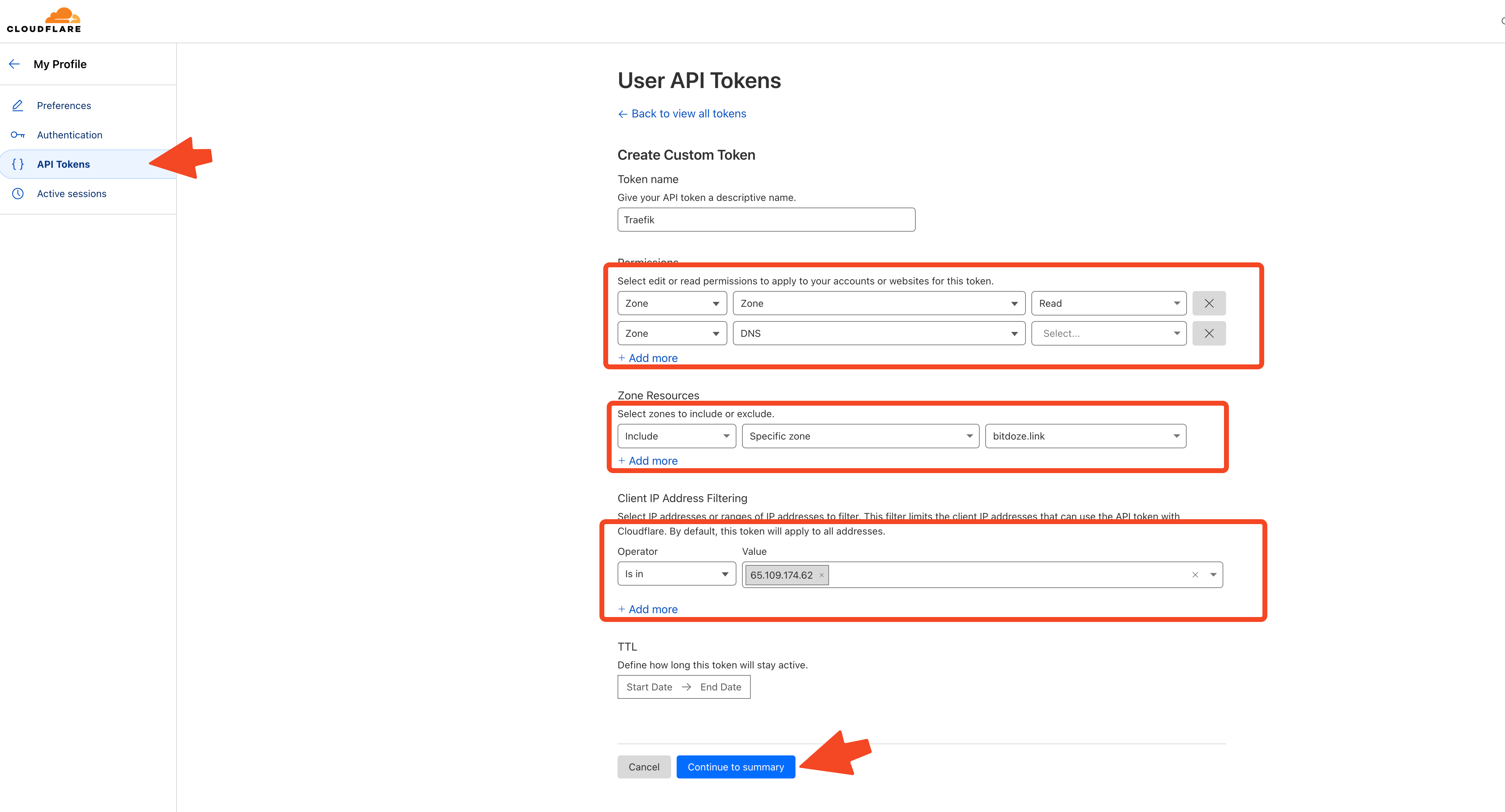 Cloudflare API token creation with Zone:DNS:Edit permissions for Traefik DNS challenge