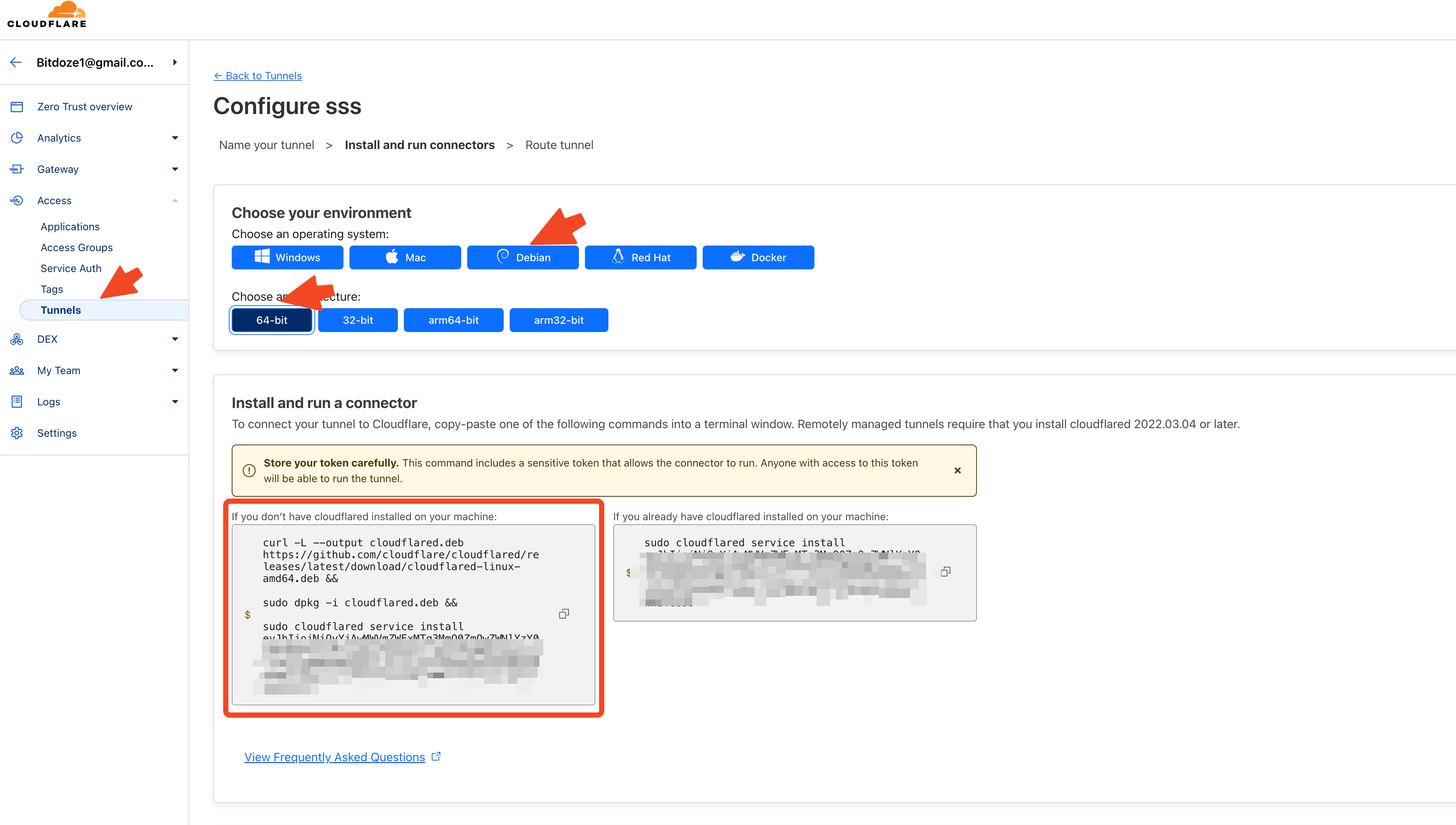 Cloudflare Zero Trust dashboard showing tunnel creation with install command for cloudflared