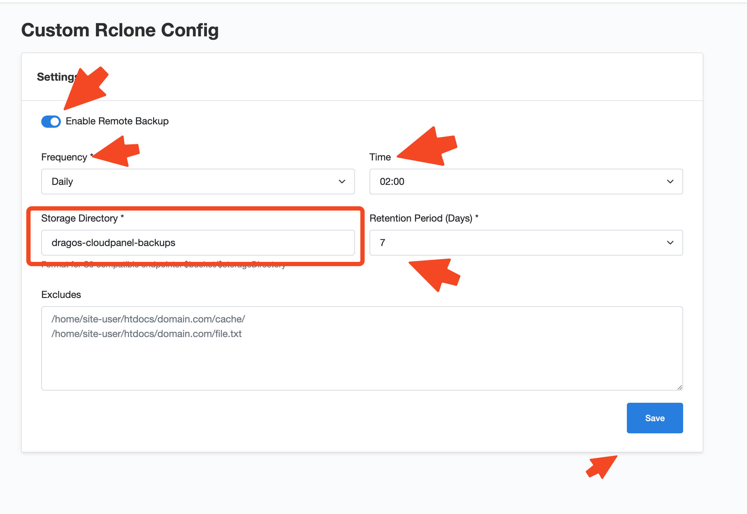 CloudPanel Custom Rclone Config backup settings
