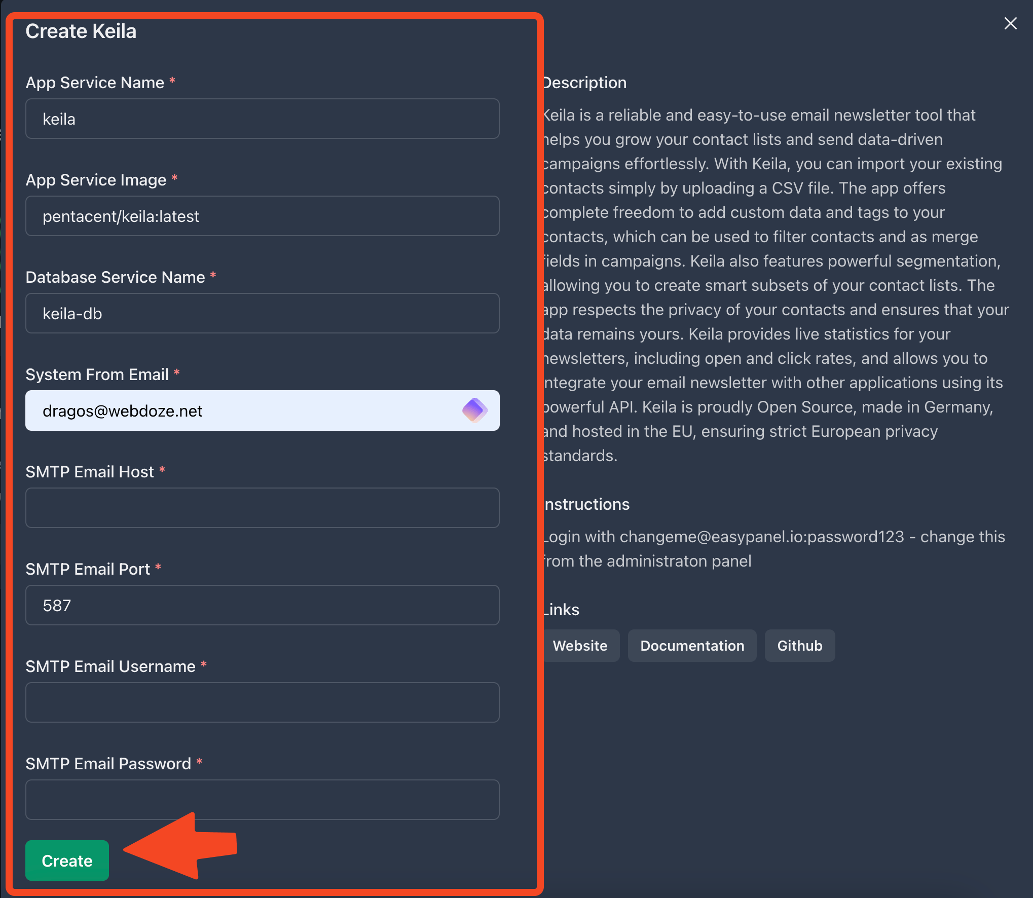 EasyPanel form for creating a new Keila newsletter service with SMTP settings