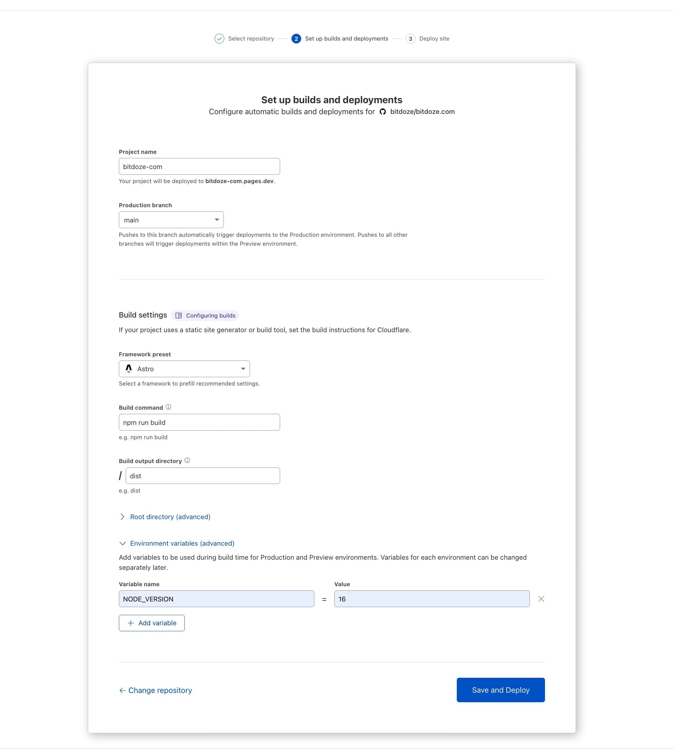 Cloudflare Pages build settings for Astro