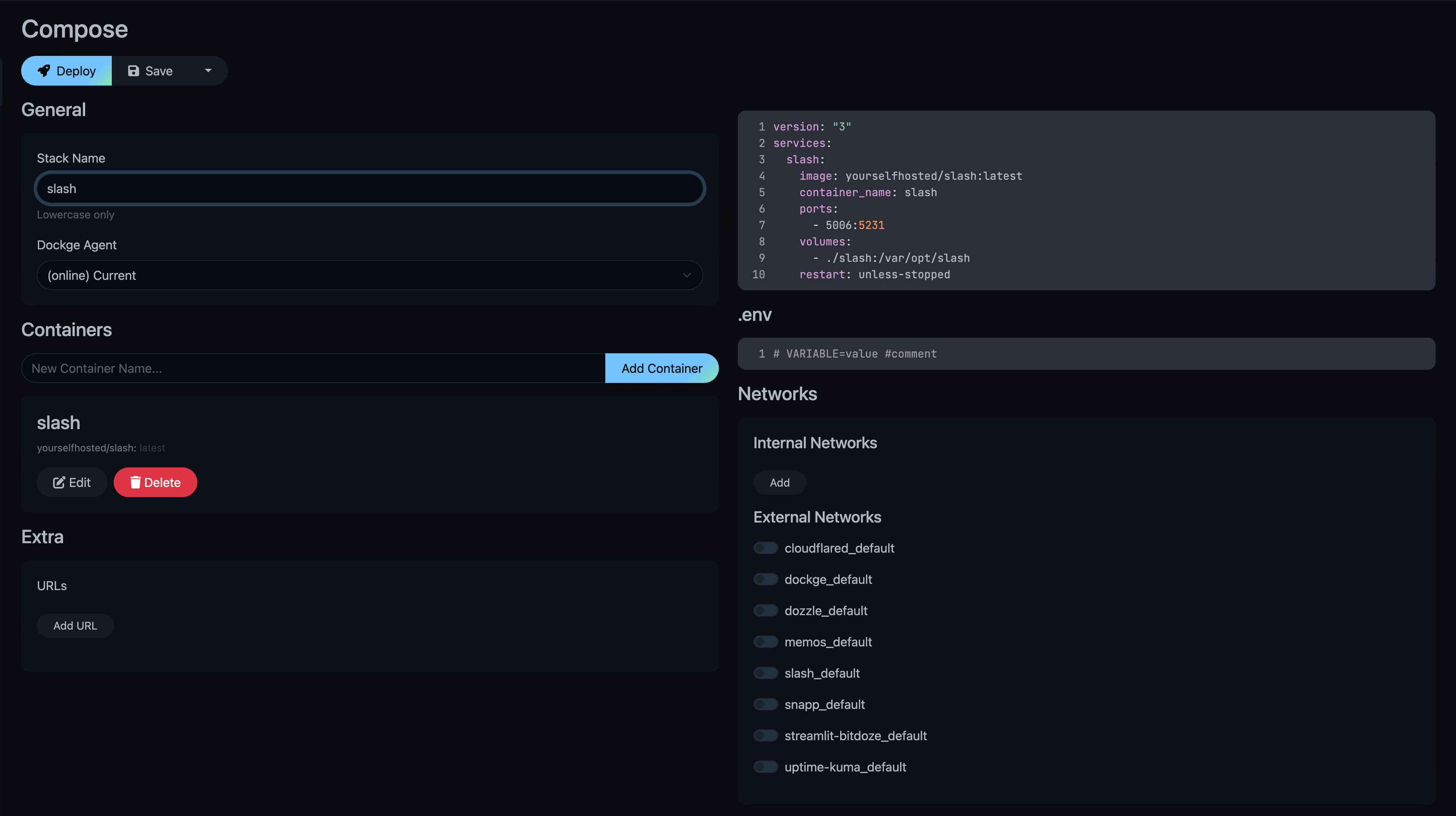 Dockge interface showing Slash Docker Compose stack deployment