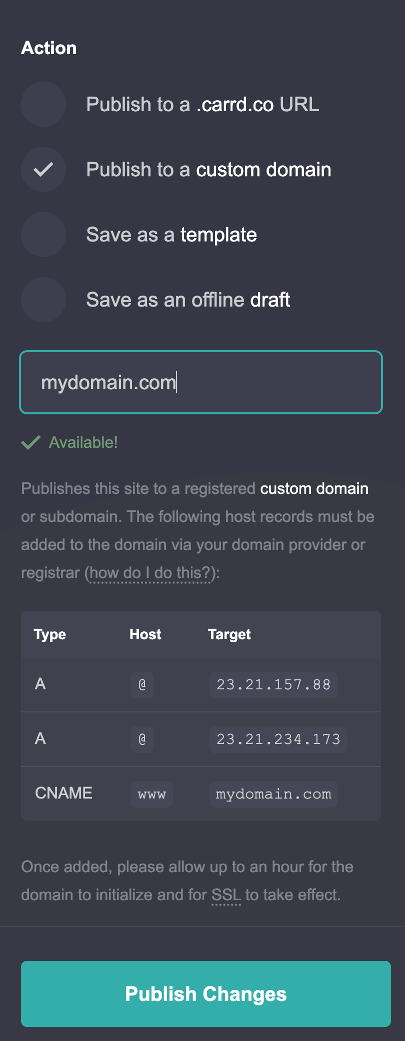 Carrd domain settings showing the publish options