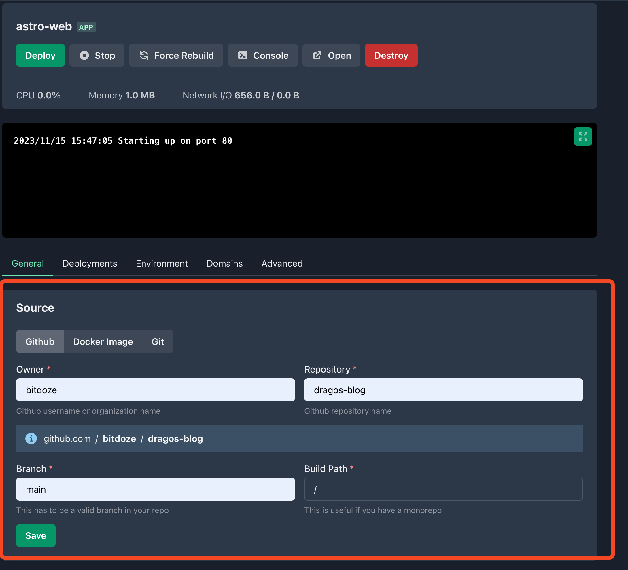 EasyPanel GitHub source configuration