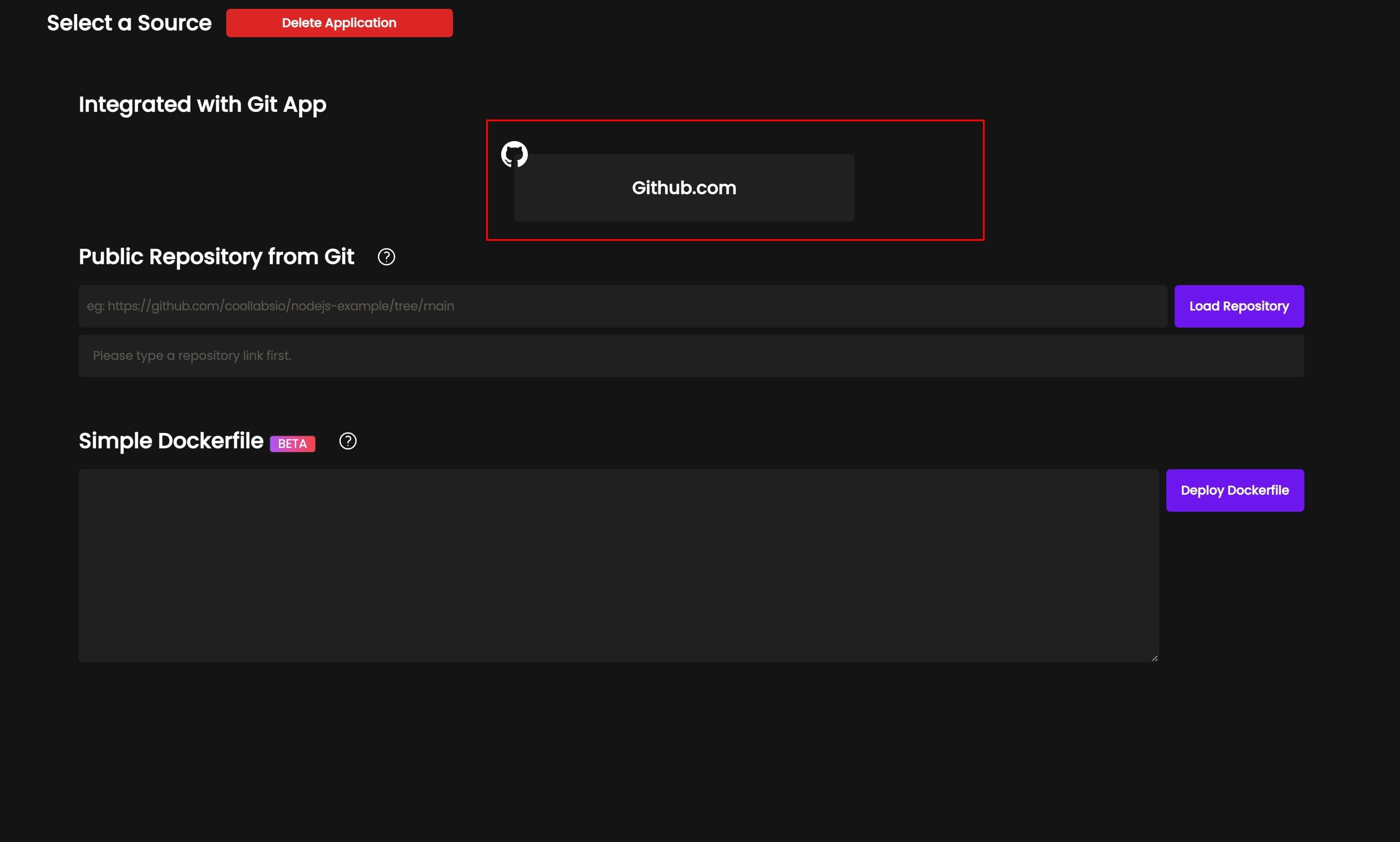 Selecting GitHub as the source in Coolify
