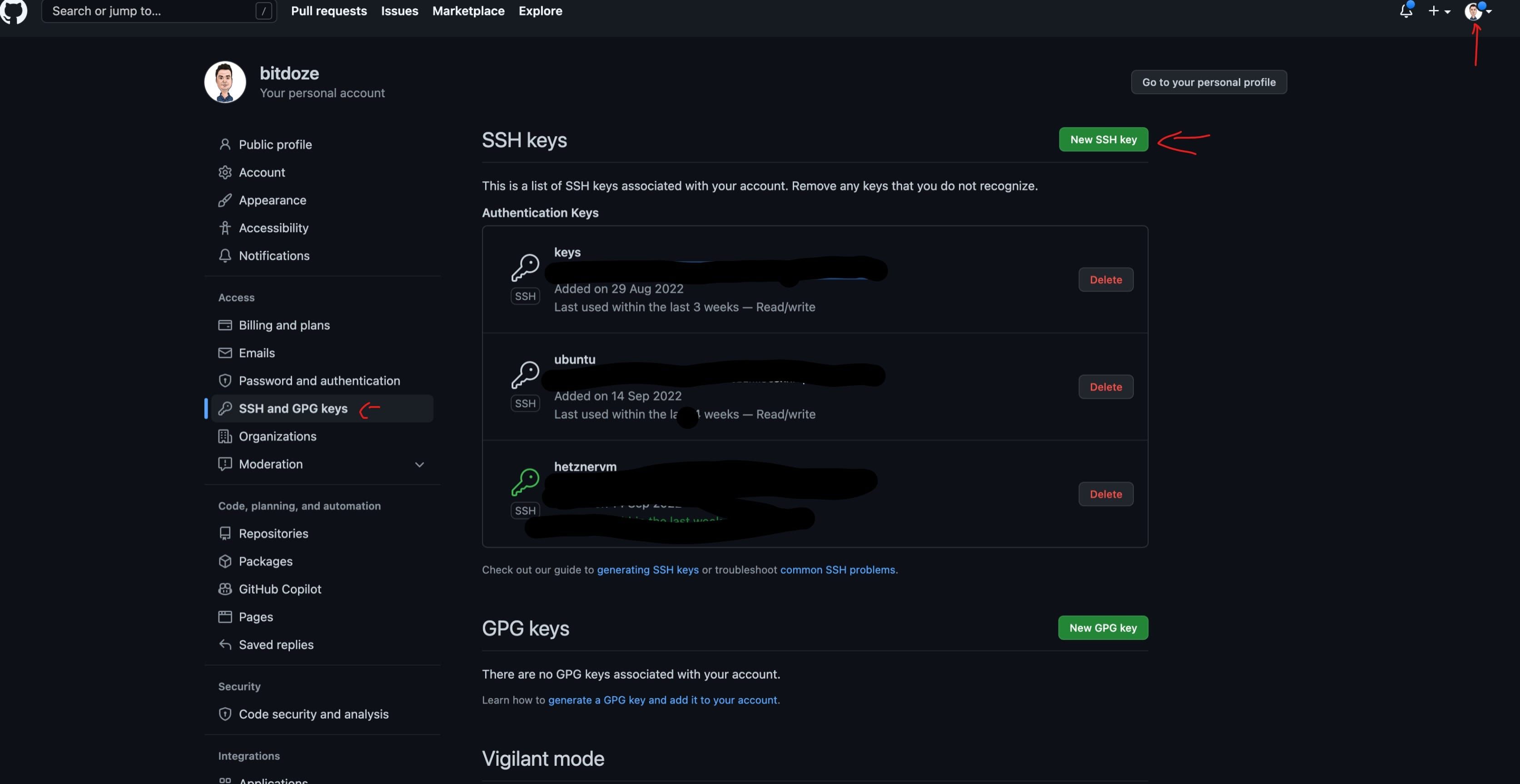 GitHub SSH key settings page