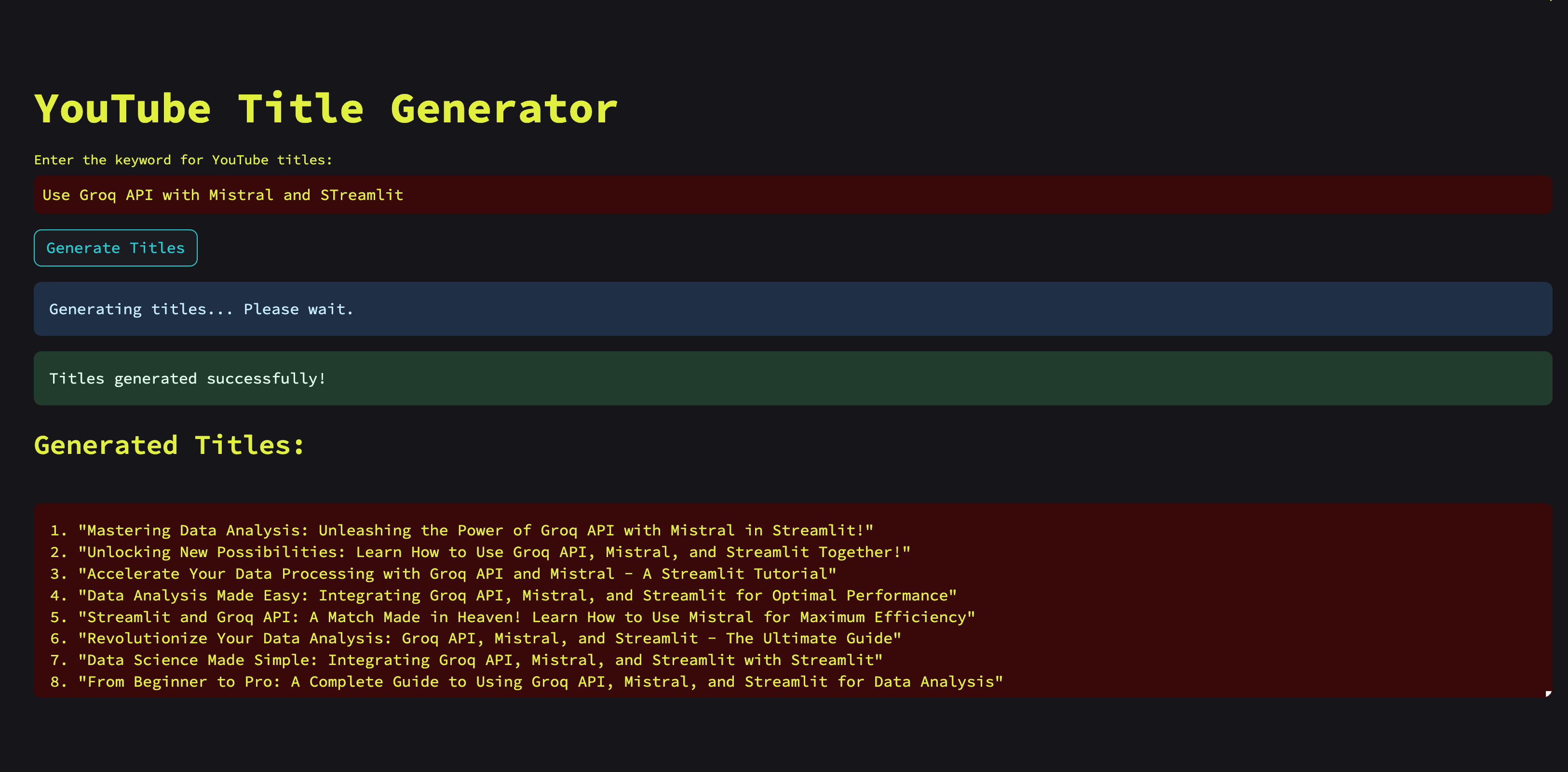 Streamlit YouTube Title Generator app running with Groq API and Llama 3.1 model