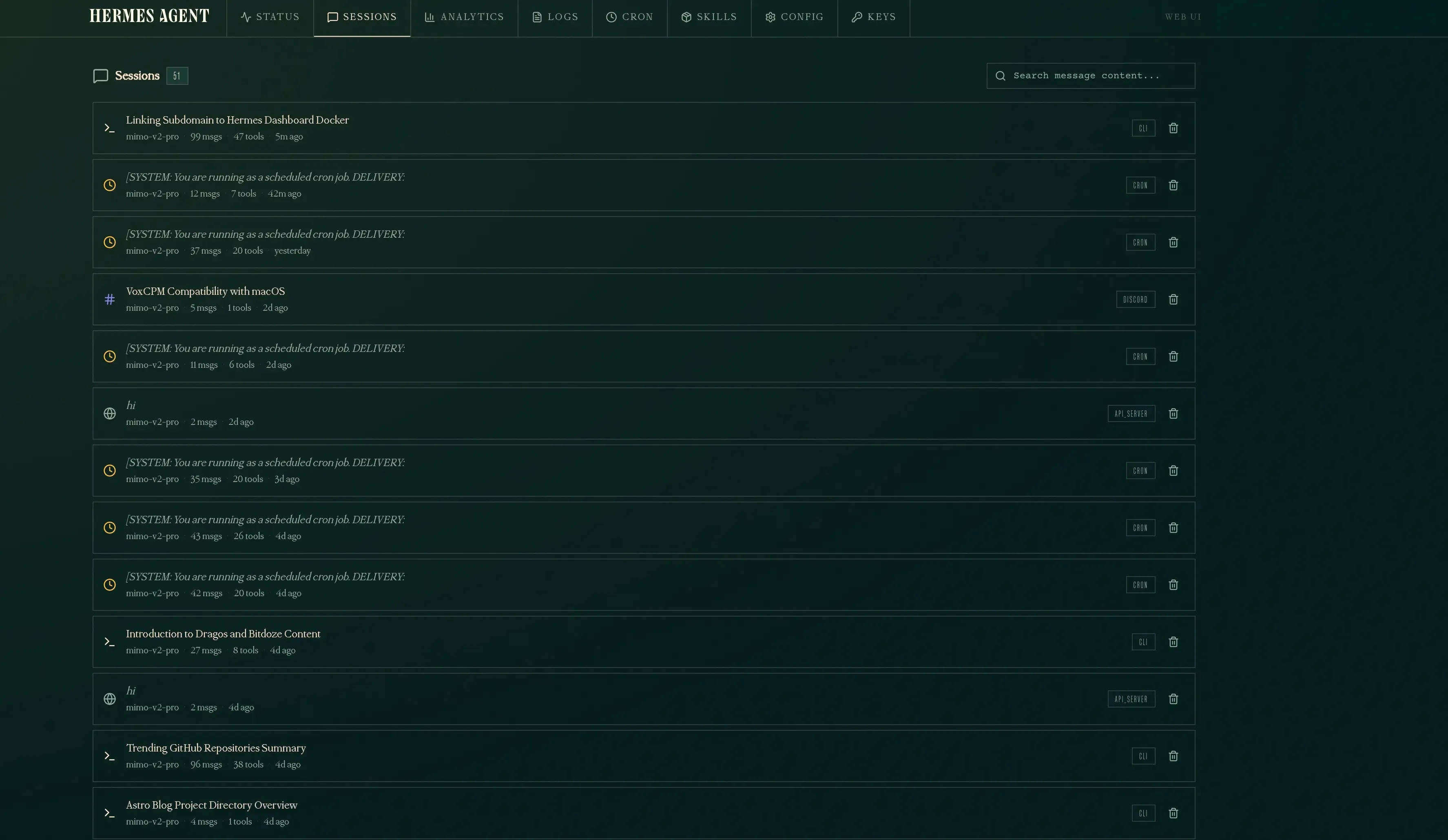 Hermes dashboard sessions page showing 51 sessions with search, message counts, and session types