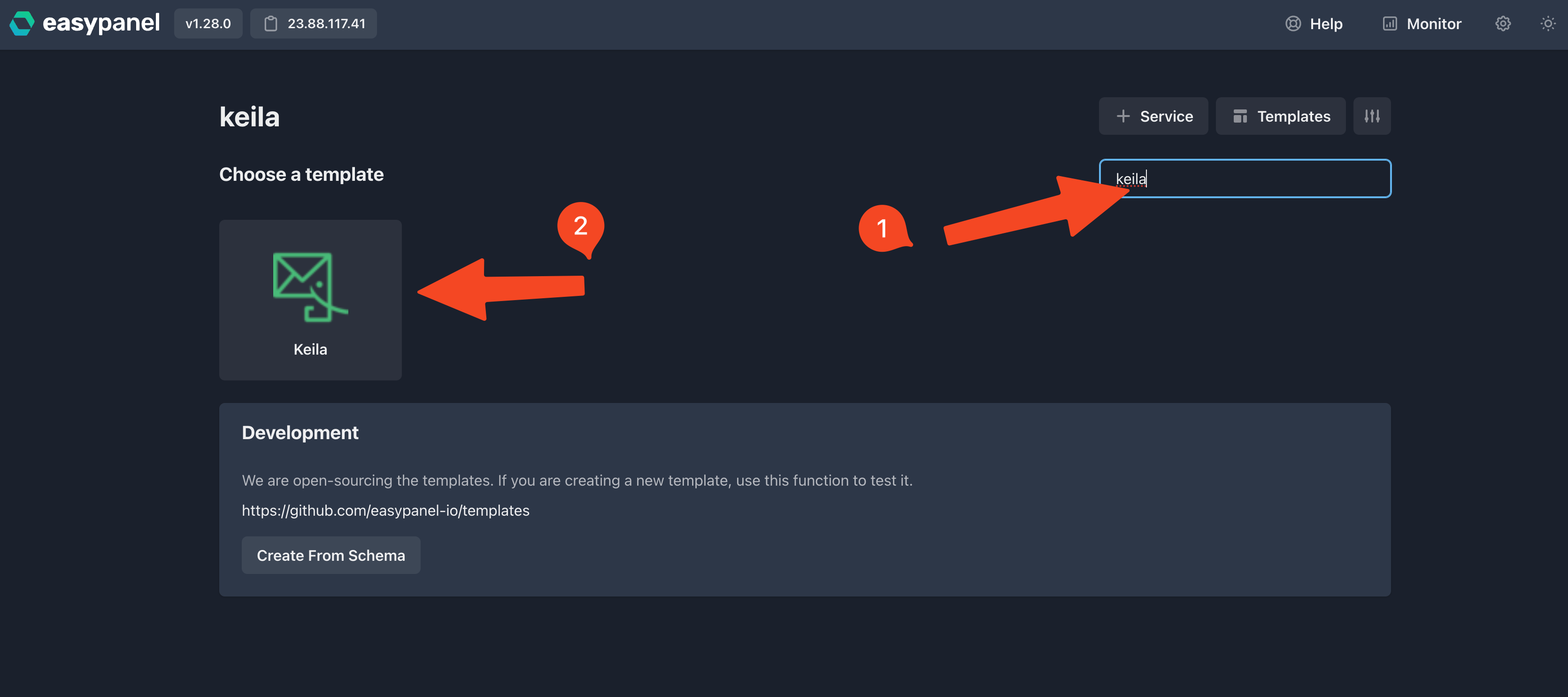 EasyPanel template selection showing Keila newsletter platform option