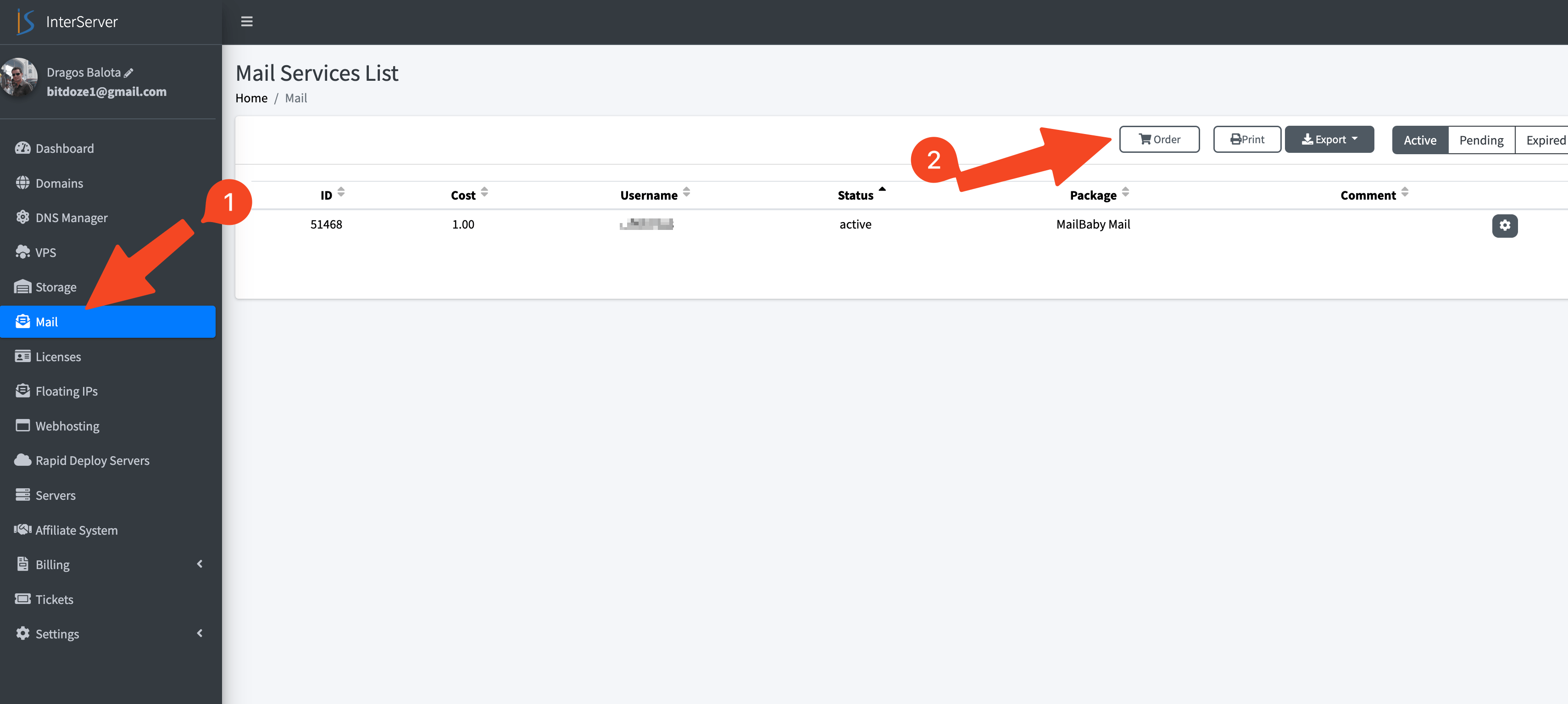 Mail.Baby email package order screen in Interserver control panel
