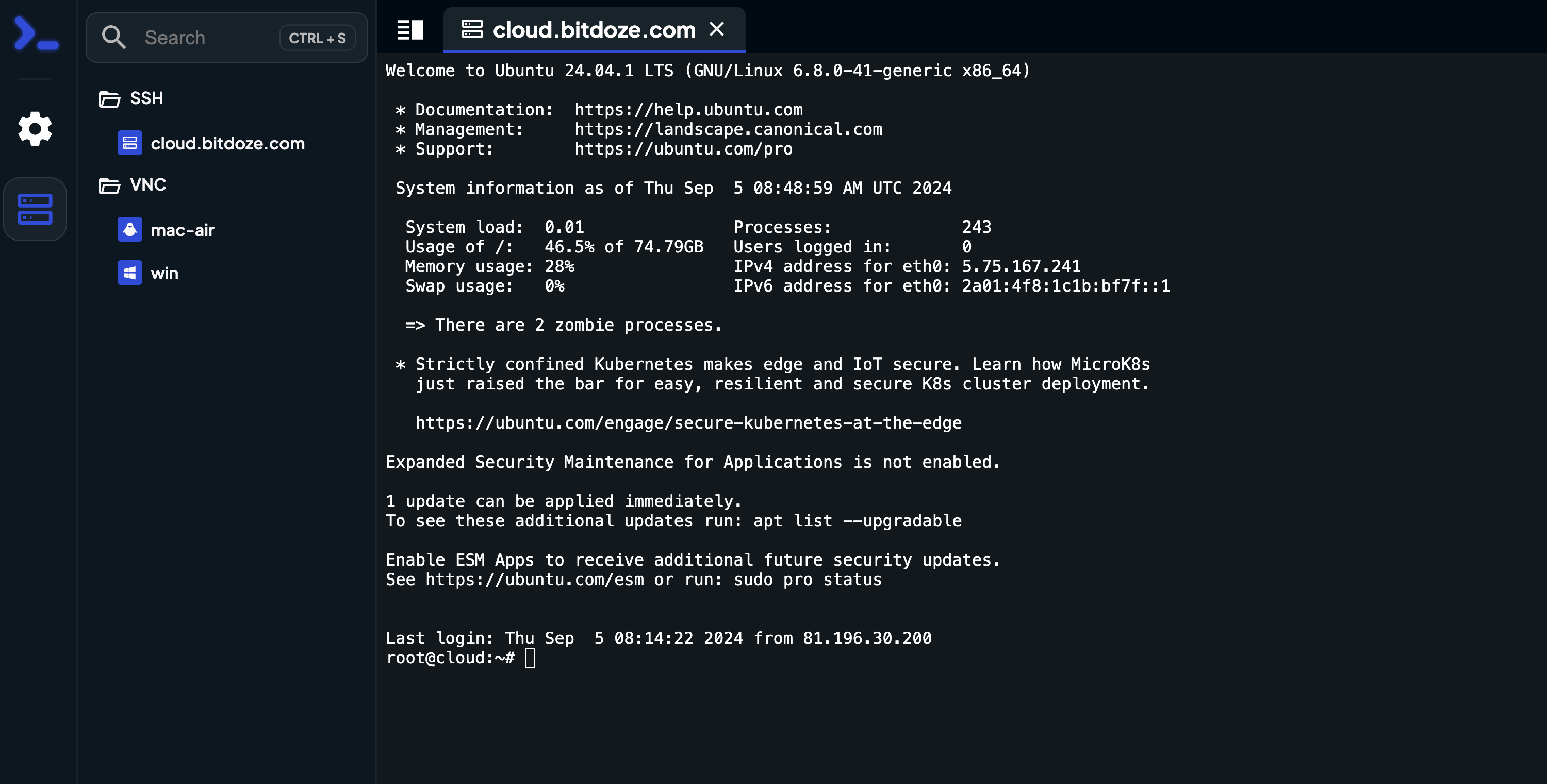 Nexterm web interface dashboard showing server connections