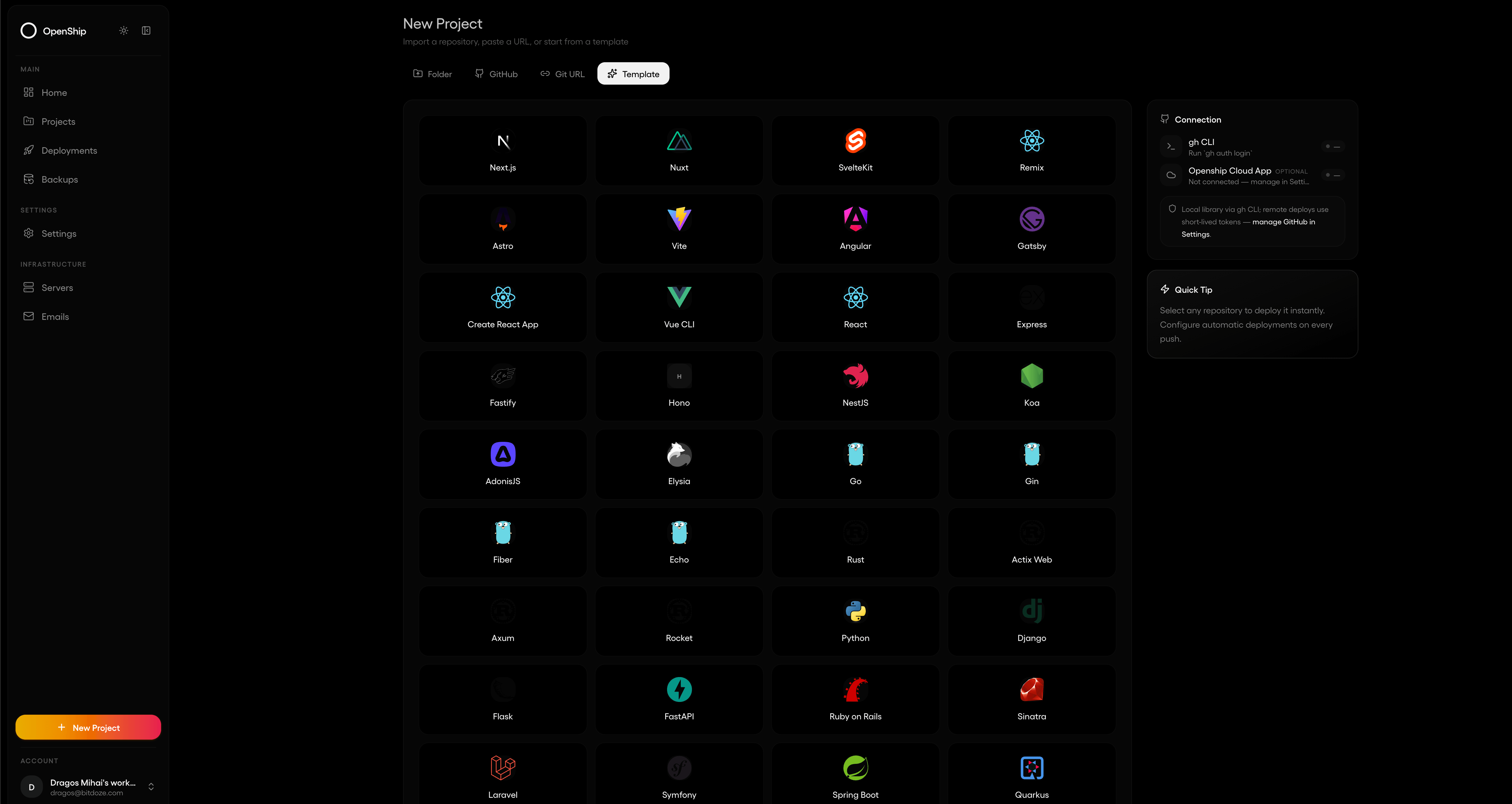 Openship web dashboard UI