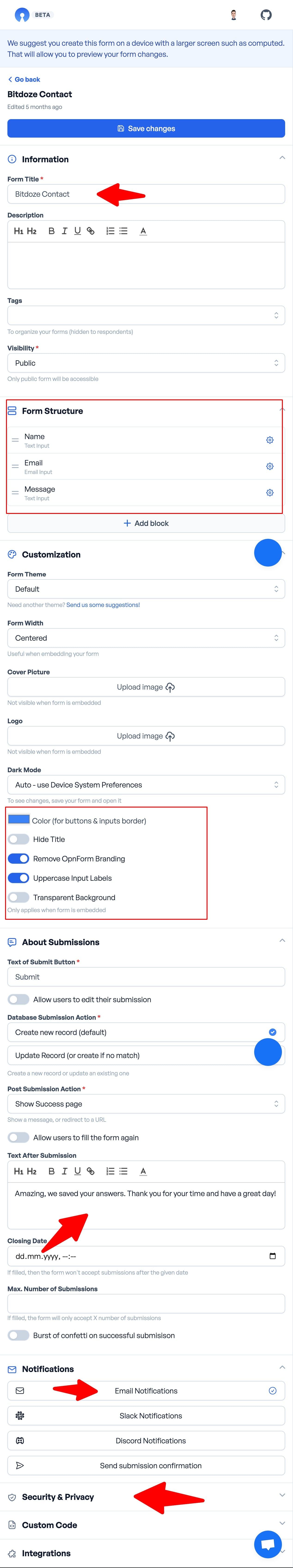 OpnForm form builder settings