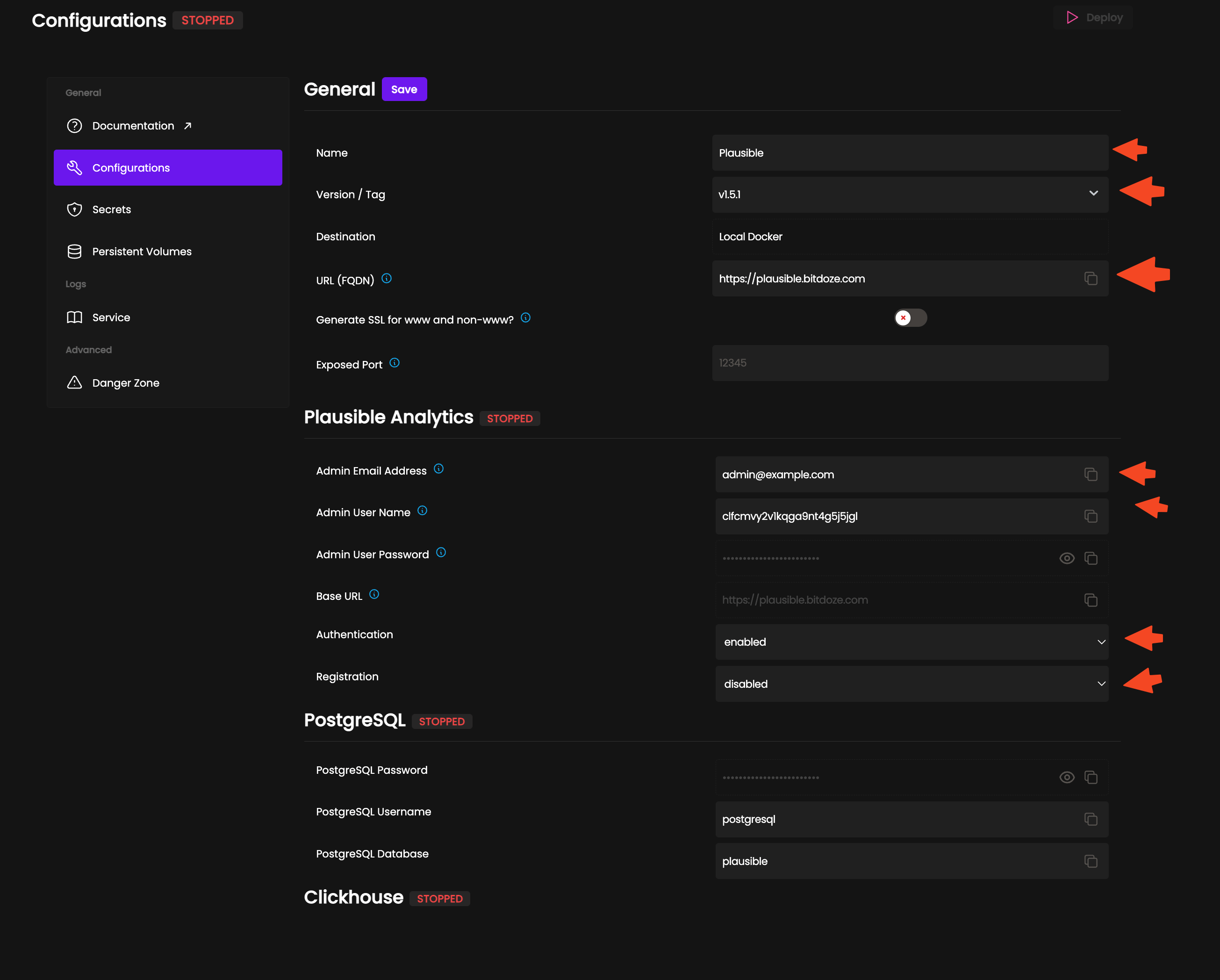 Coolify Plausible service configuration