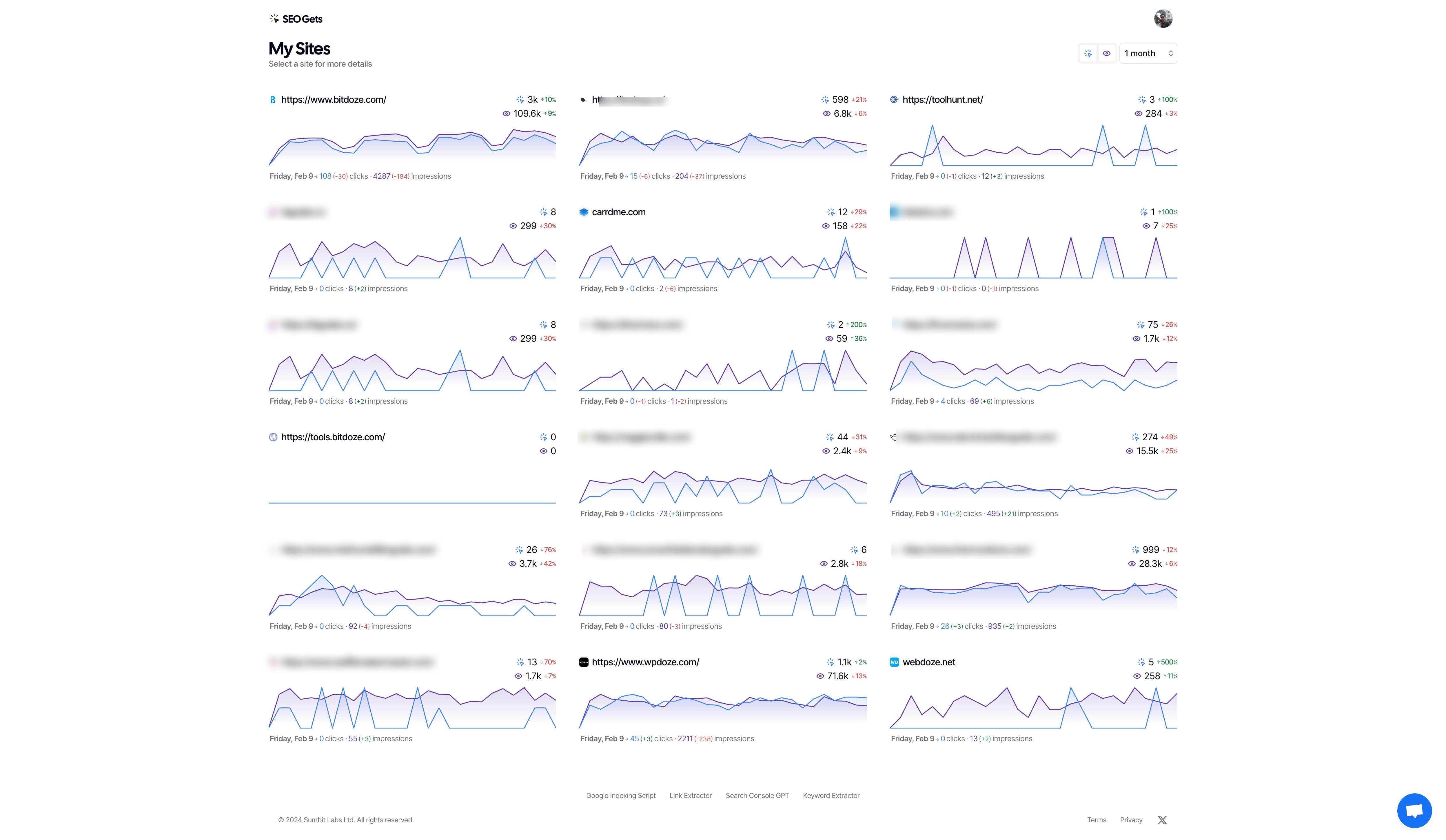 SEO Gets dashboard showing multi-site overview with clicks and impressions data