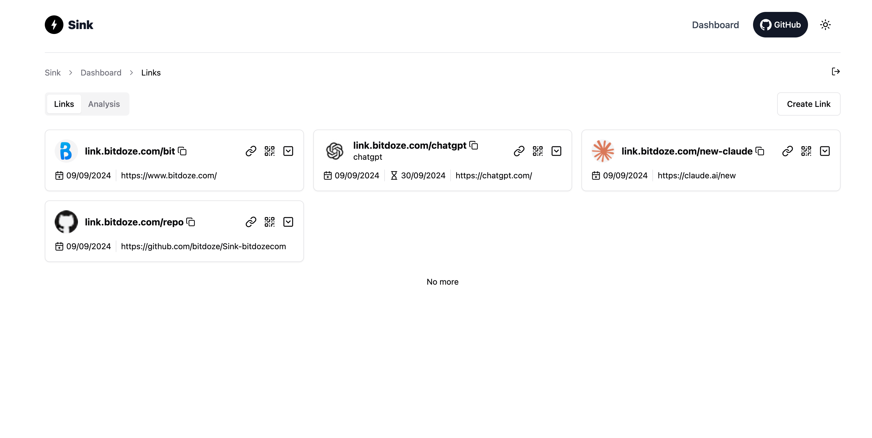 Sink dashboard showing the link management UI