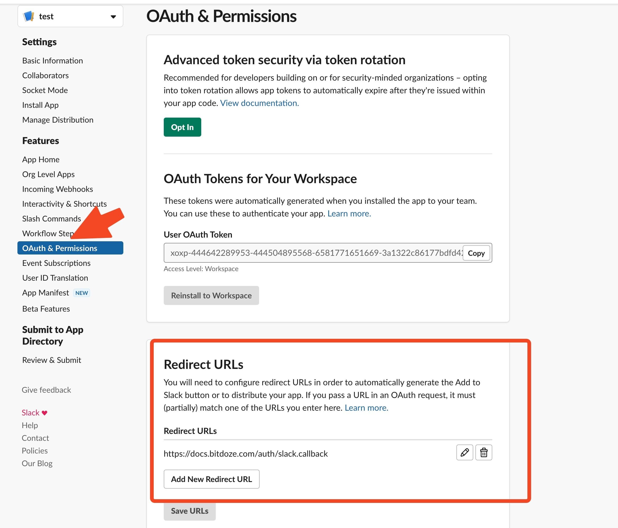 Slack OAuth app configuration page showing redirect URL setup for Outline Wiki authentication