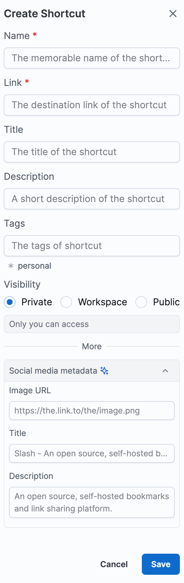 Slash interface for adding and organizing links and collections