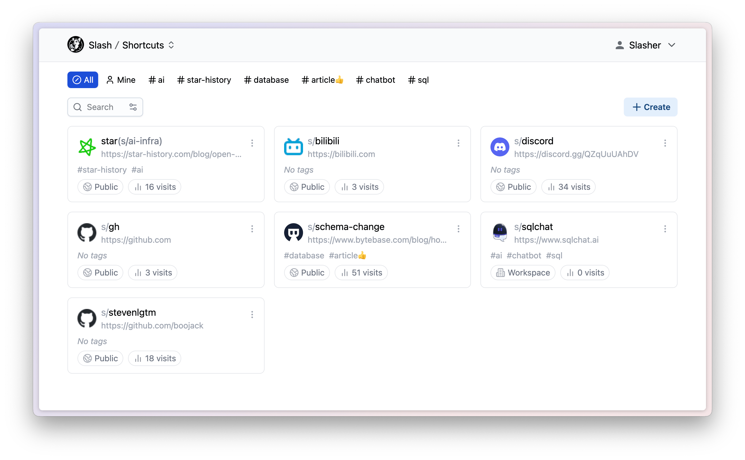 Slash link shortener dashboard showing bookmark and link management interface