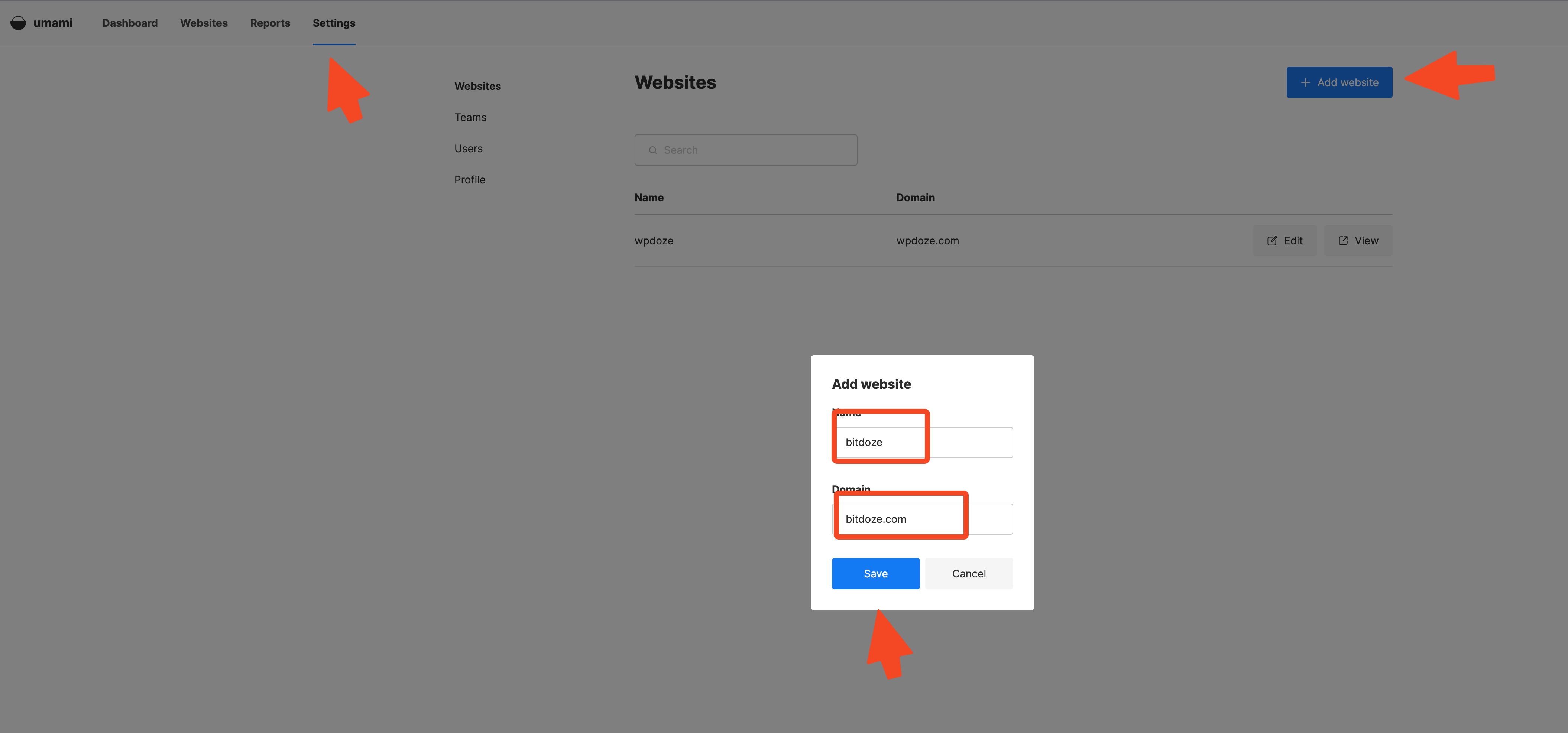 Adding a website in Umami Analytics