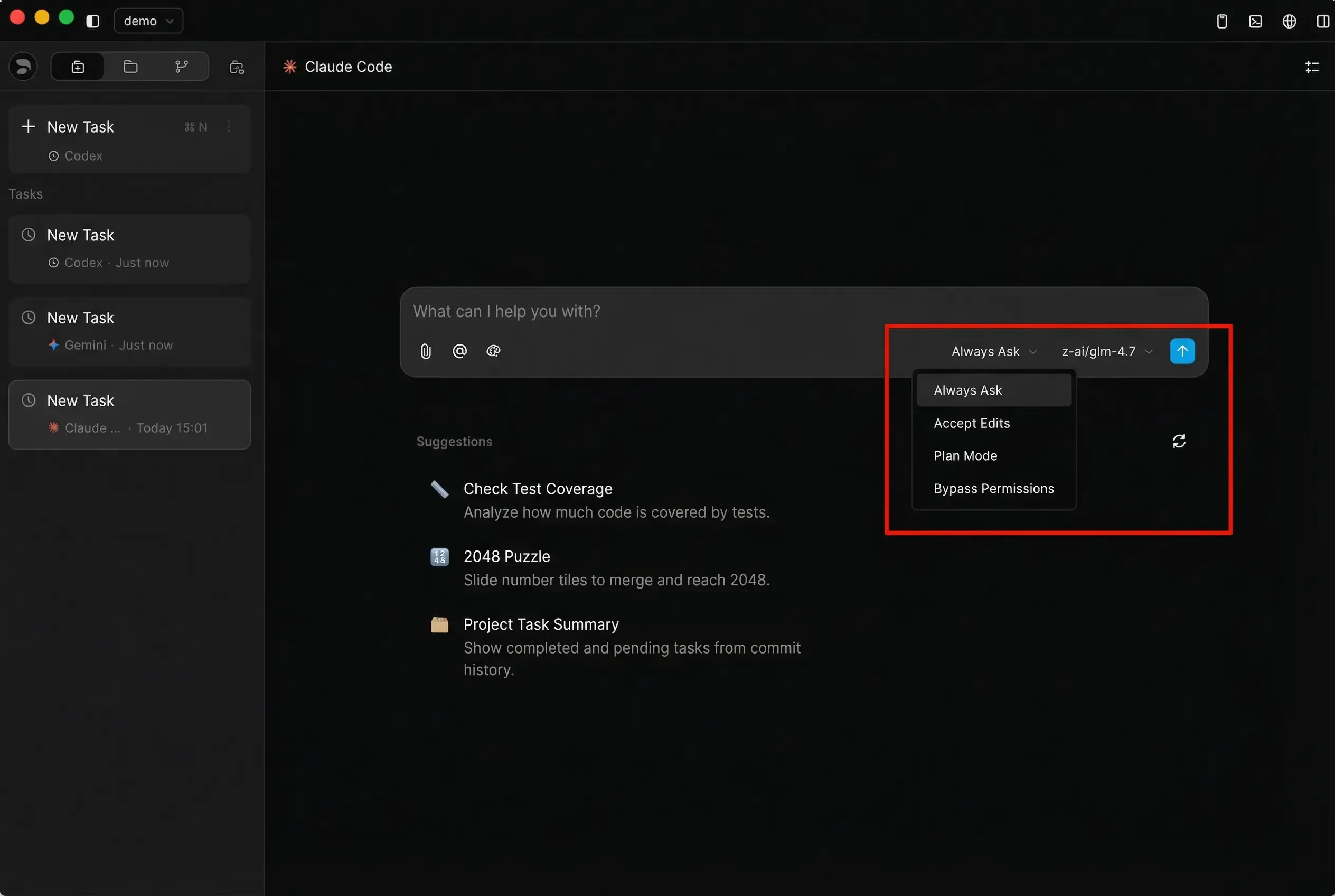 Selector de modos de permisos de Z Code mostrando Always Ask, Accept Edits, Plan Mode y Bypass