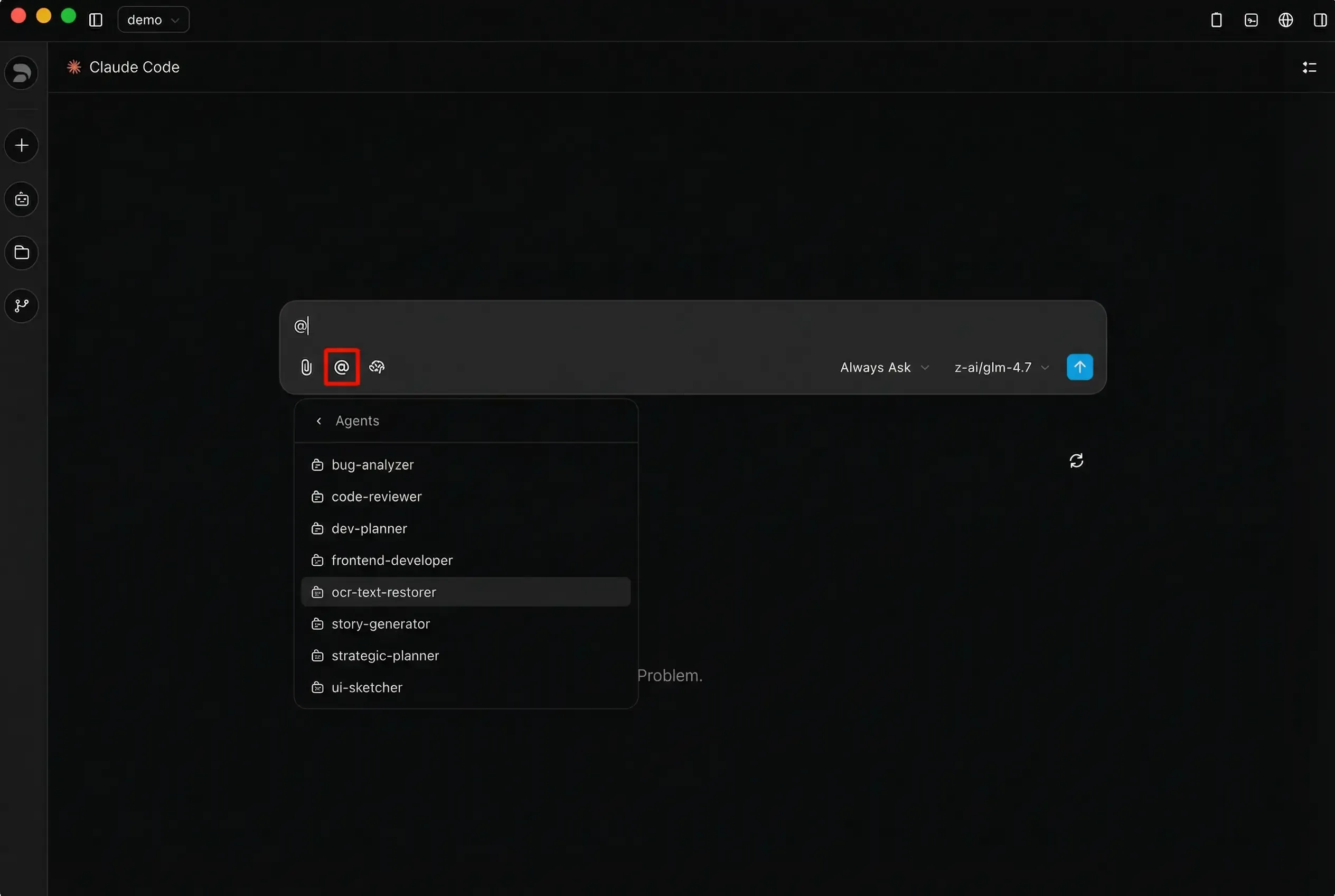Invocación de agente en Z Code con mención @ mostrando agentes disponibles