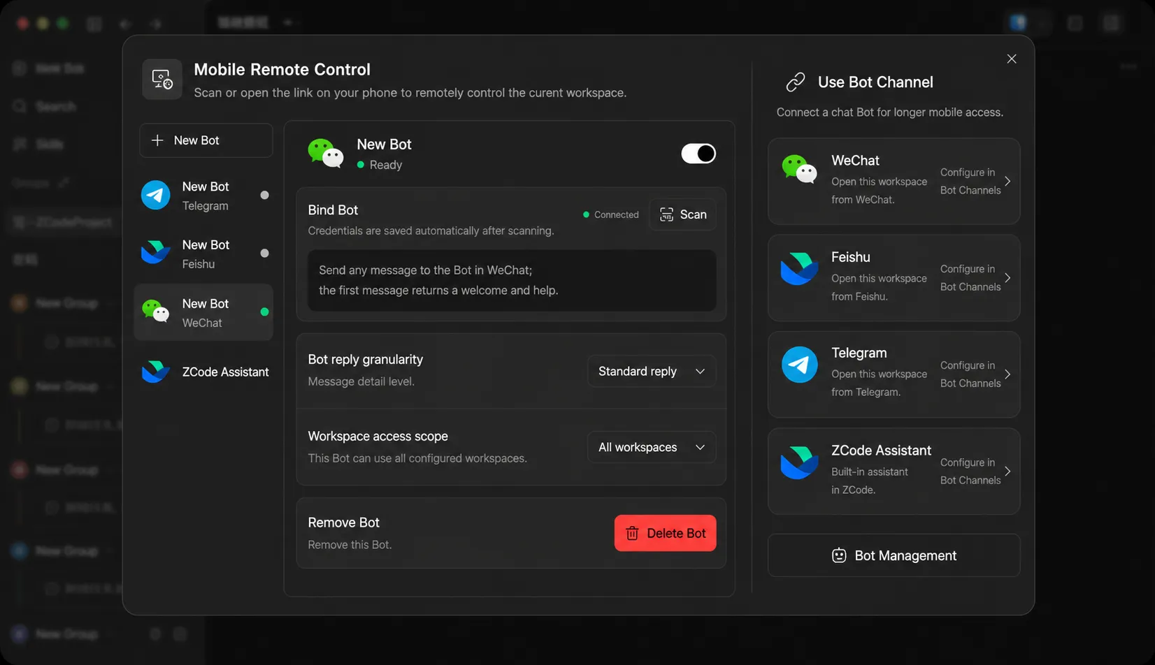 Bot Channel overview showing WeChat and Feishu integration options