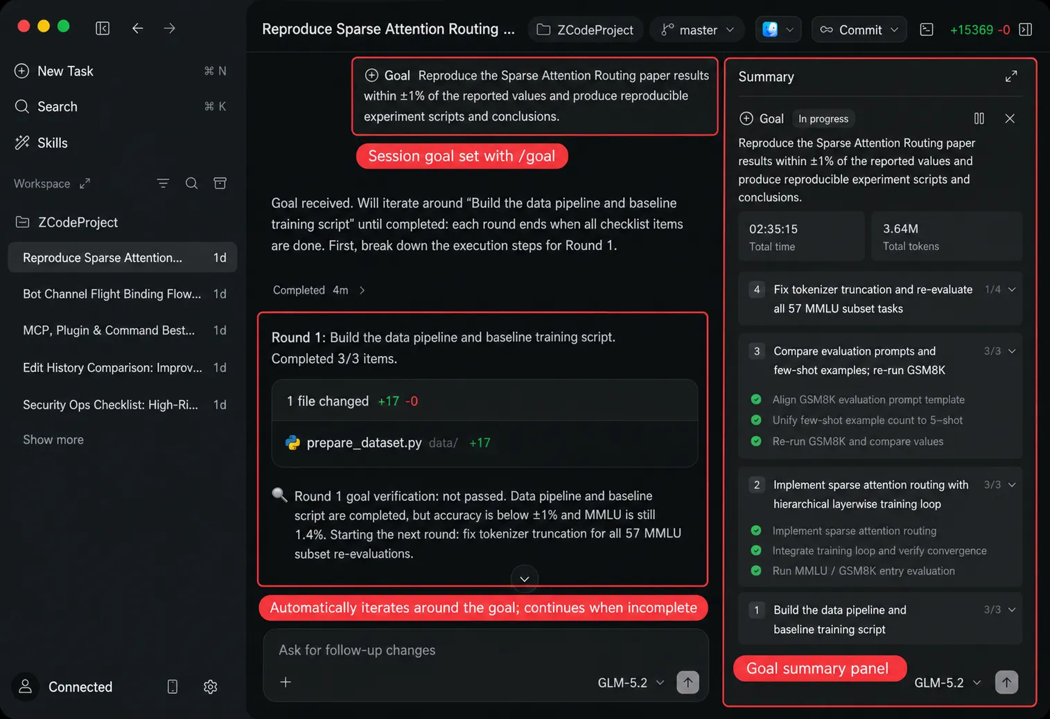 Goal Mode showing the agent iterating toward a verifiable objective with progress tracking