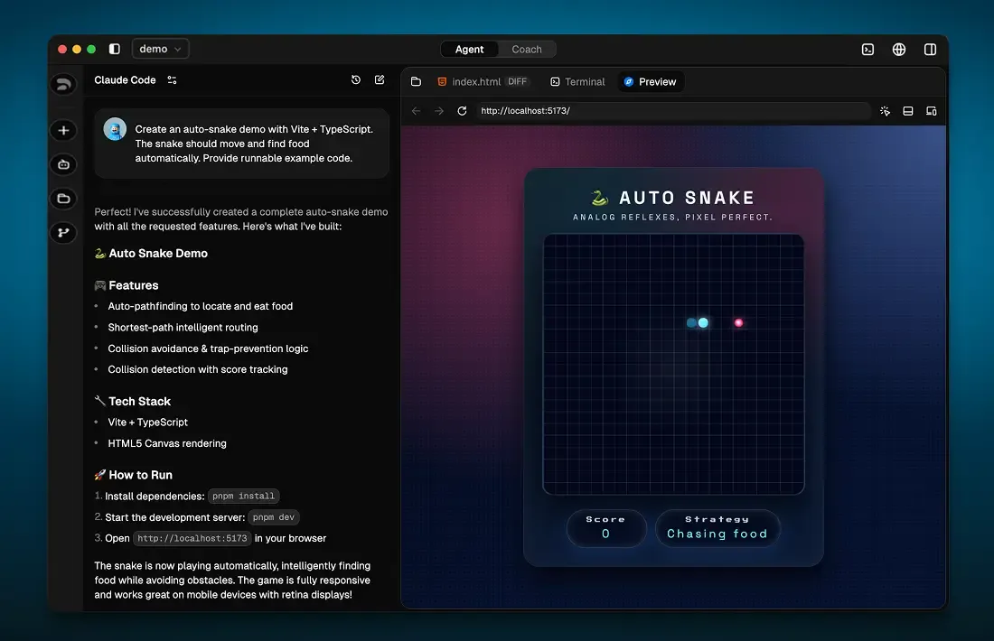 Interfaz principal de Z Code con gestor de archivos, terminal y chat del agente