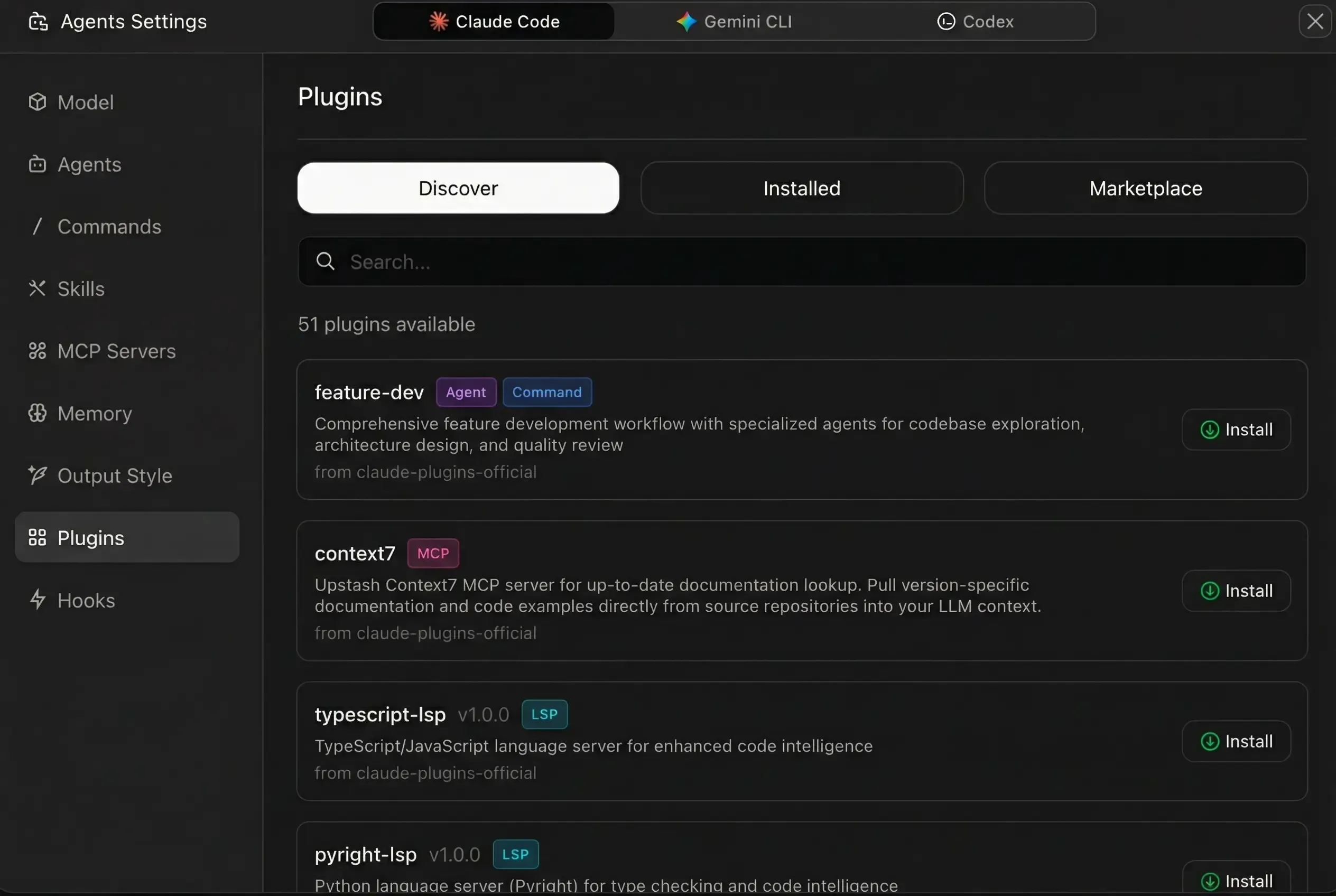 Zcode plugin marketplace showing available plugins for agents, commands, MCP, and LSP