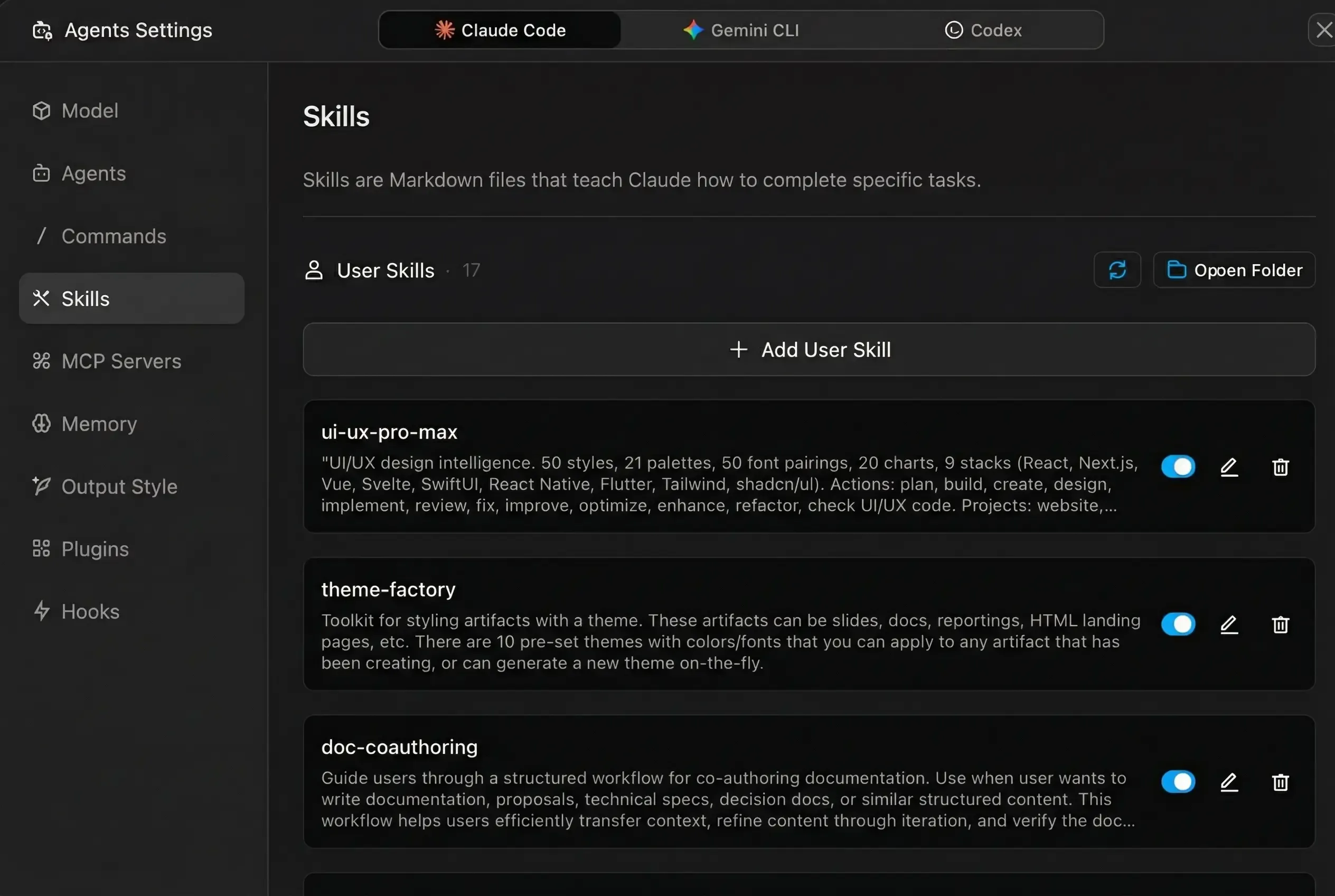 Zcode skills management panel showing installed user and plugin skills